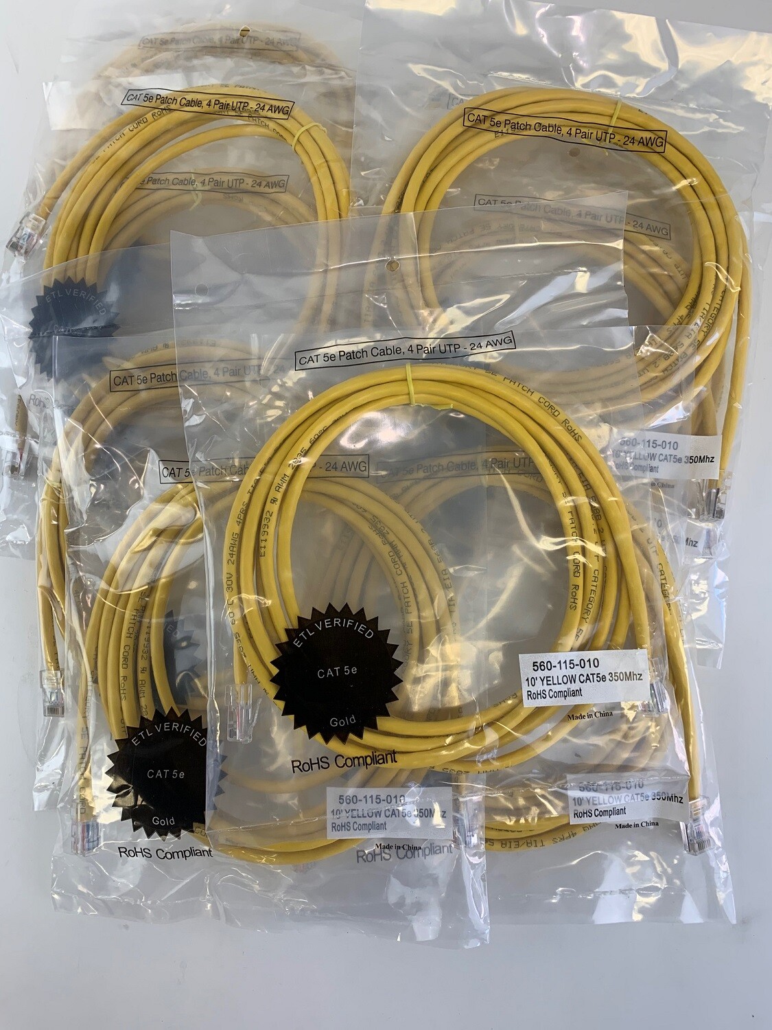 2 Network Patch Cables 10 Feet ea CAT5E Male Yellow 350MHZ RJ45 Non-booted