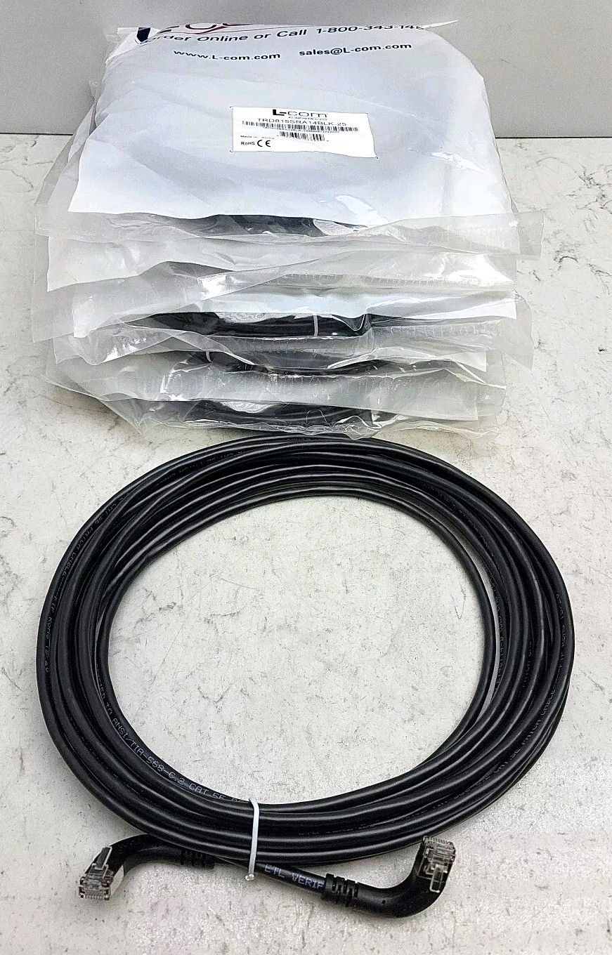 6 Pk L-Com TRD815SRA14BLK-25 Cat 5E RJ45 Ethernet Patch Cord Right Angle 25′ ft