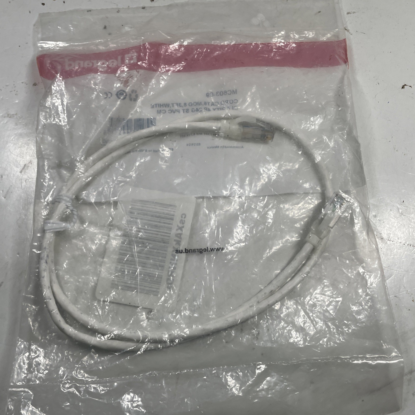 Legrand MC603-09 Cat6 RJ-45 Ethernet Patch Cable, 3 ft White Round