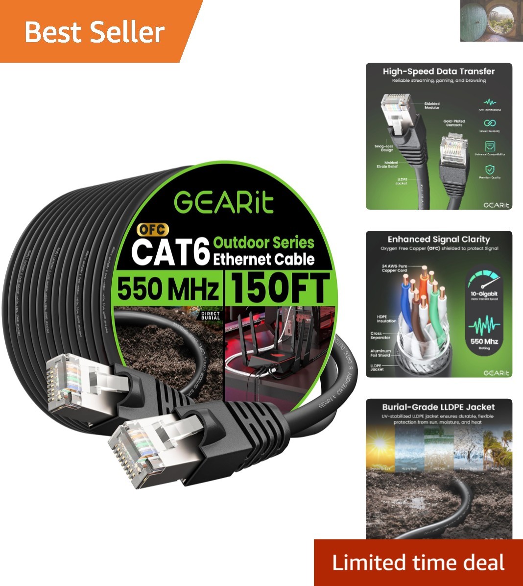 150ft Direct Burial Cat6 Outdoor Ethernet Cable with RJ45 Bubble Boot Connectors