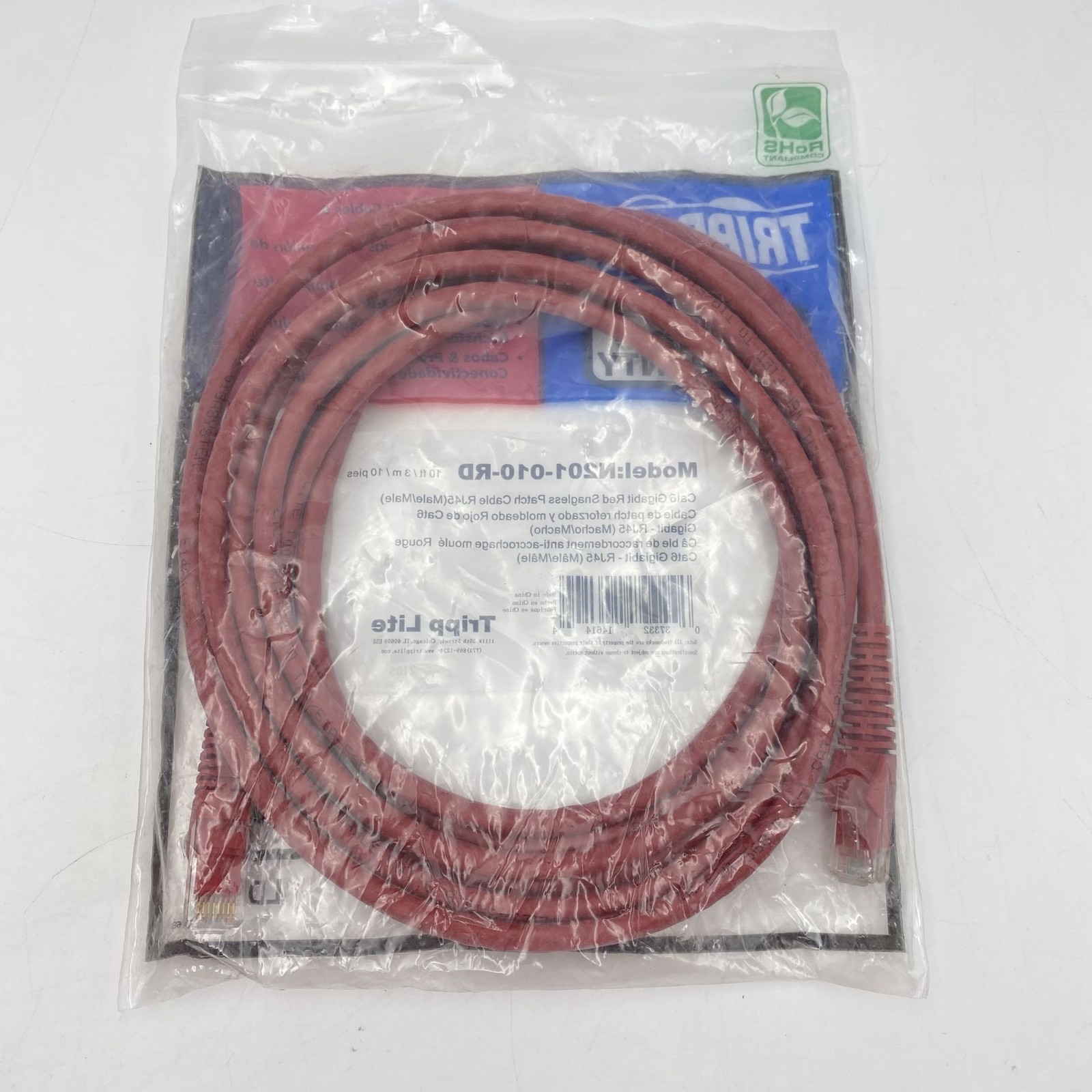 Tripp Lite Cat6 Gigabit Molded (UTP) RJ45 M/M POE 10ft Red N201-010-RD