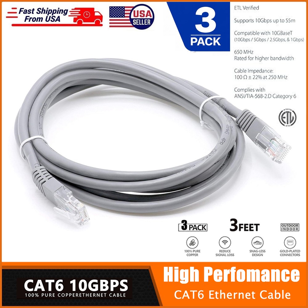 3 Pack Cat 6 CAT6 Patch Cord Cable 650mhz Ethernet Internet Network LAN RJ45 UTP