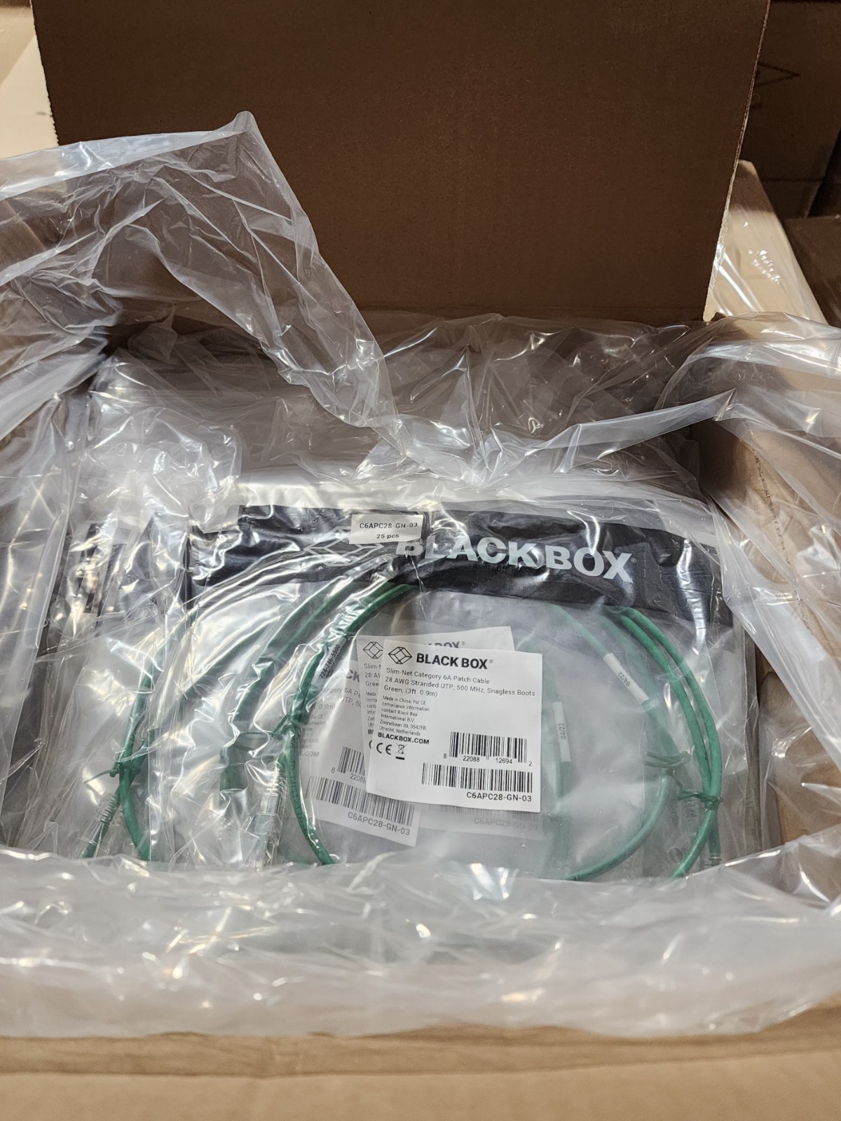 100 Pack 3ft Green Black Box Slim-Net Cat 6A Patch Cable 28AWG UTP Snagless