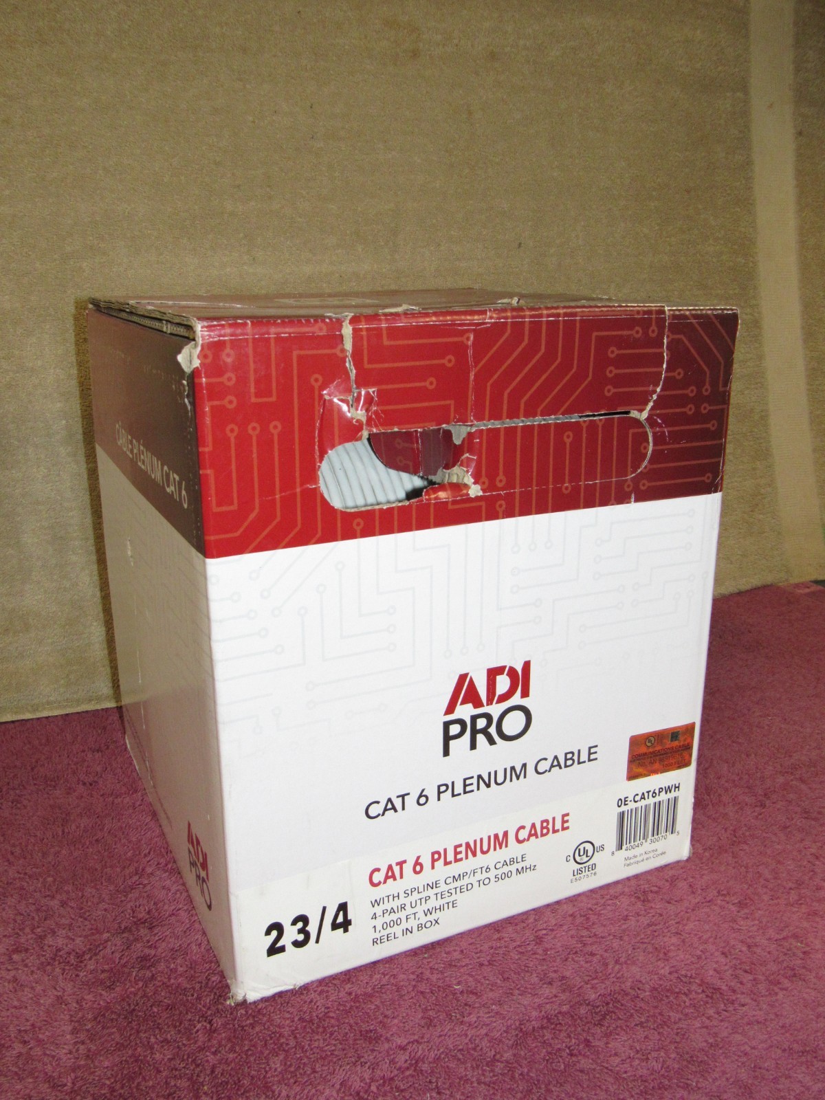 Adi Pro Cat 6 Plenum Cable 23/4 1000 FT CAT6 PWH White 500mHz NETWORK DATA CL3P