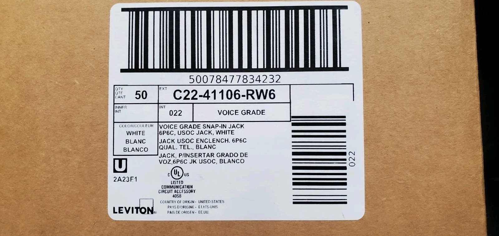 Box Of 50 Pieces Leviton 41106-RW6 Snap in Jacks Voice Grade White