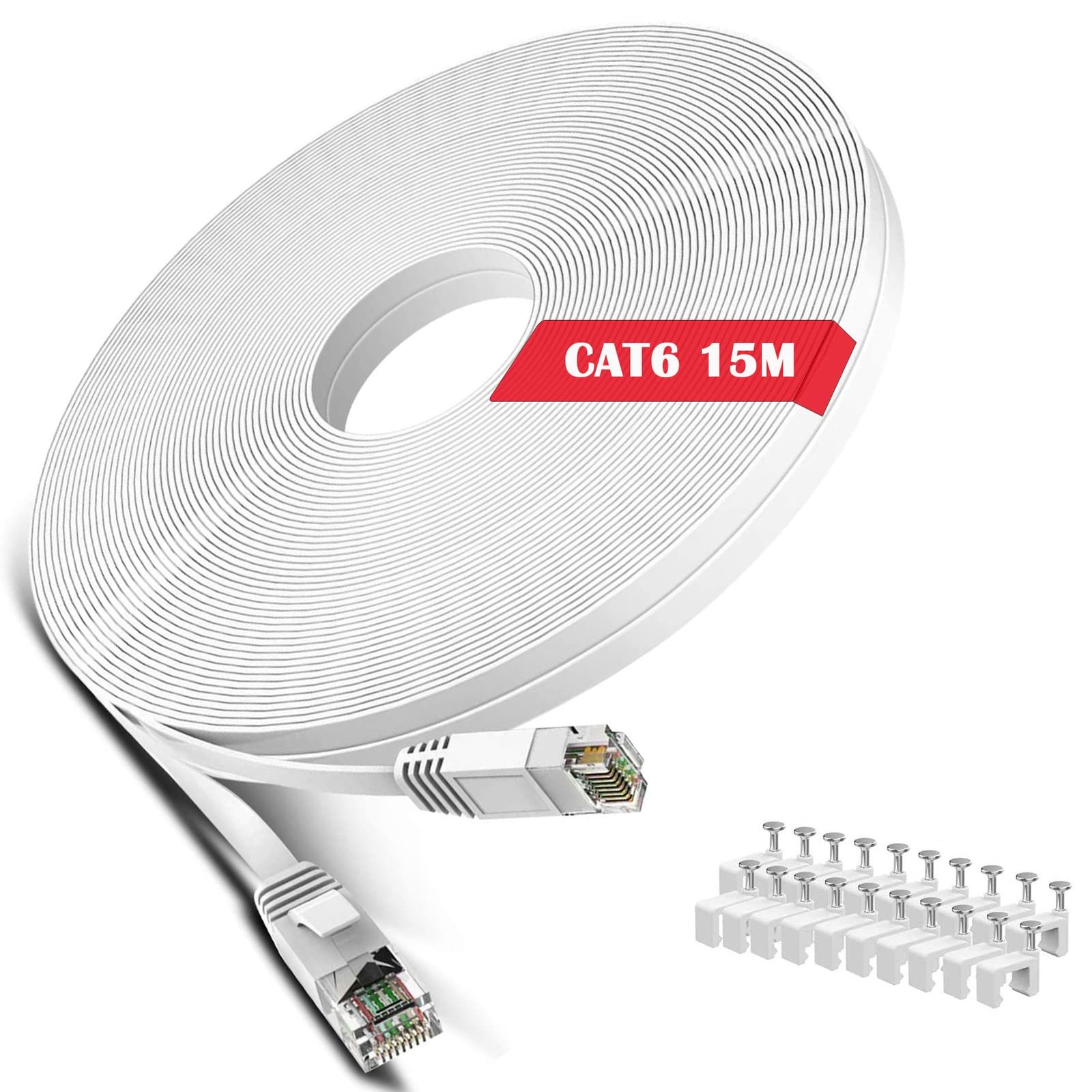 Cat 6 Ethernet Cable 50 ft White – Flat Internet Network LAN Patch Cords – So…