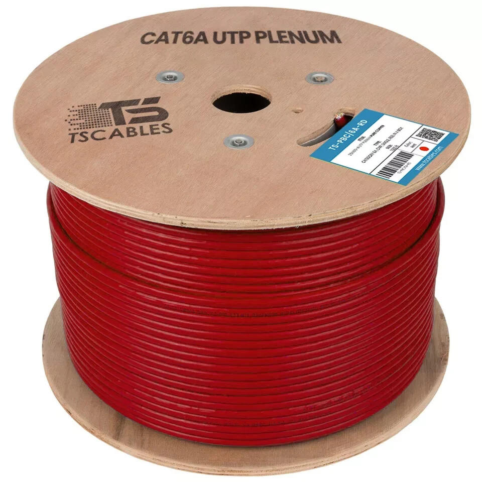 TS Cables Cat6a Plenum Solid Bare Copper 750 Mhz UTP 1000ft Ethernet Cable Red