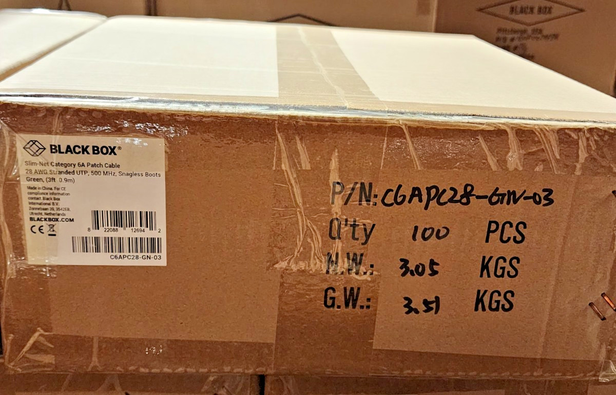 100 Pack 3ft Green Black Box Slim-Net Cat 6A Patch Cable 28AWG UTP Snagless