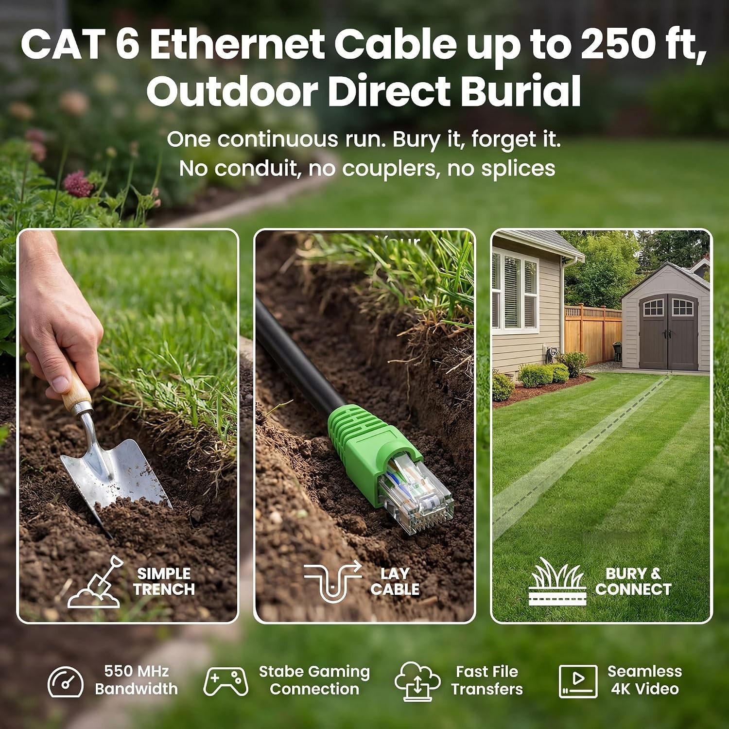 Cat6 Ethernet Cable 200Ft, Outdoor Direct Burial Cat 6 Cable 24AWG High Speed up