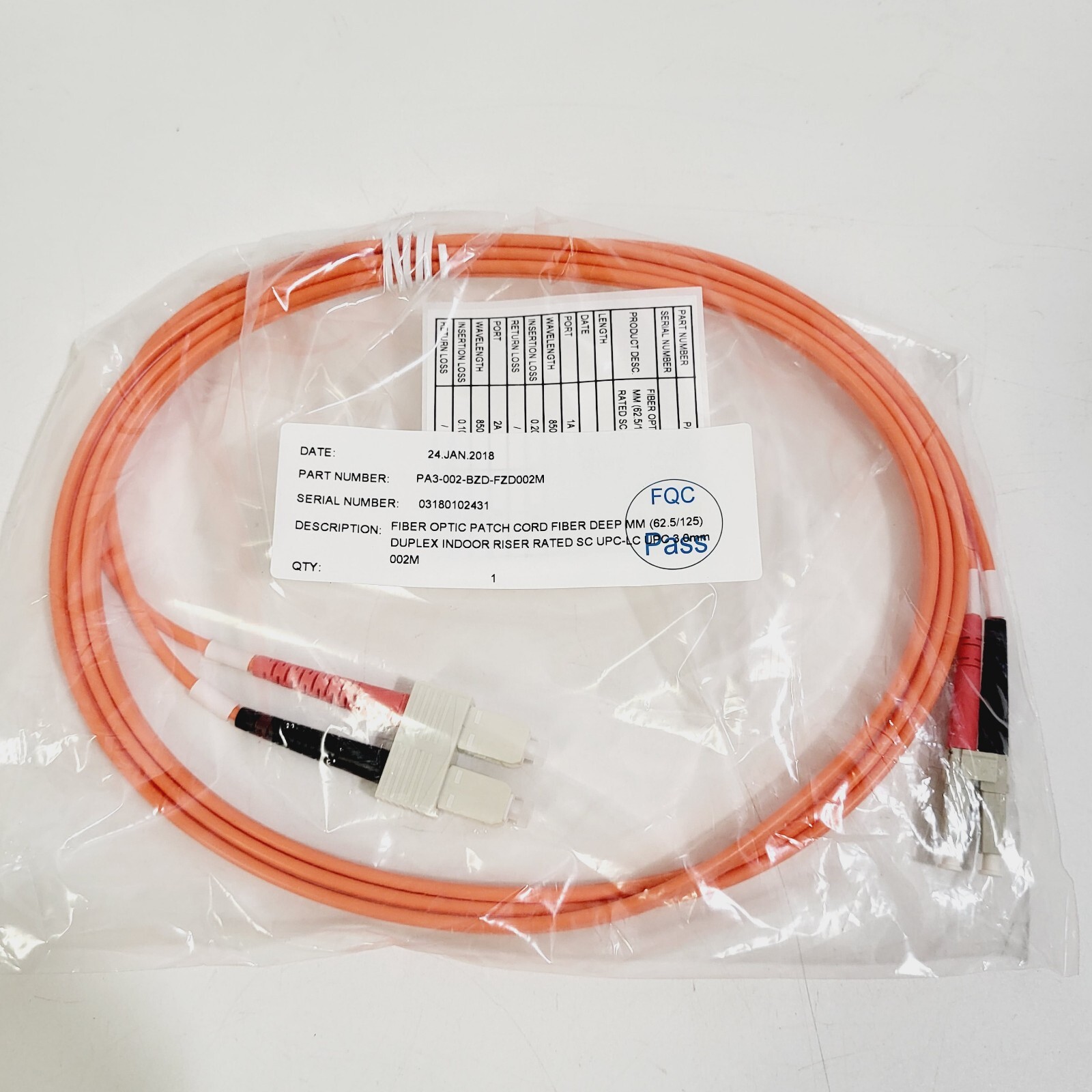 NEW Fiber Patchcord, 2 Meter,SC/UPC to Clipped LC/UPC PA3-002-BZD-FZD002M