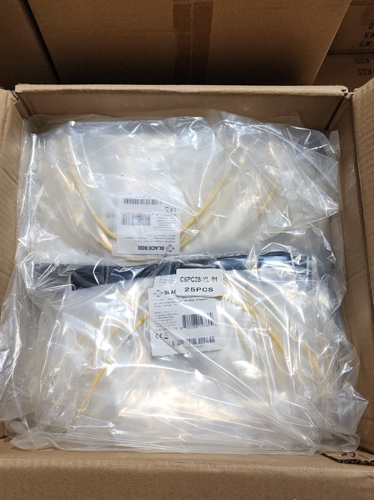 100 Pack 1ft Yellow Black Box Slim-Net Cat 6A Patch Cable 28AWG UTP Snagless