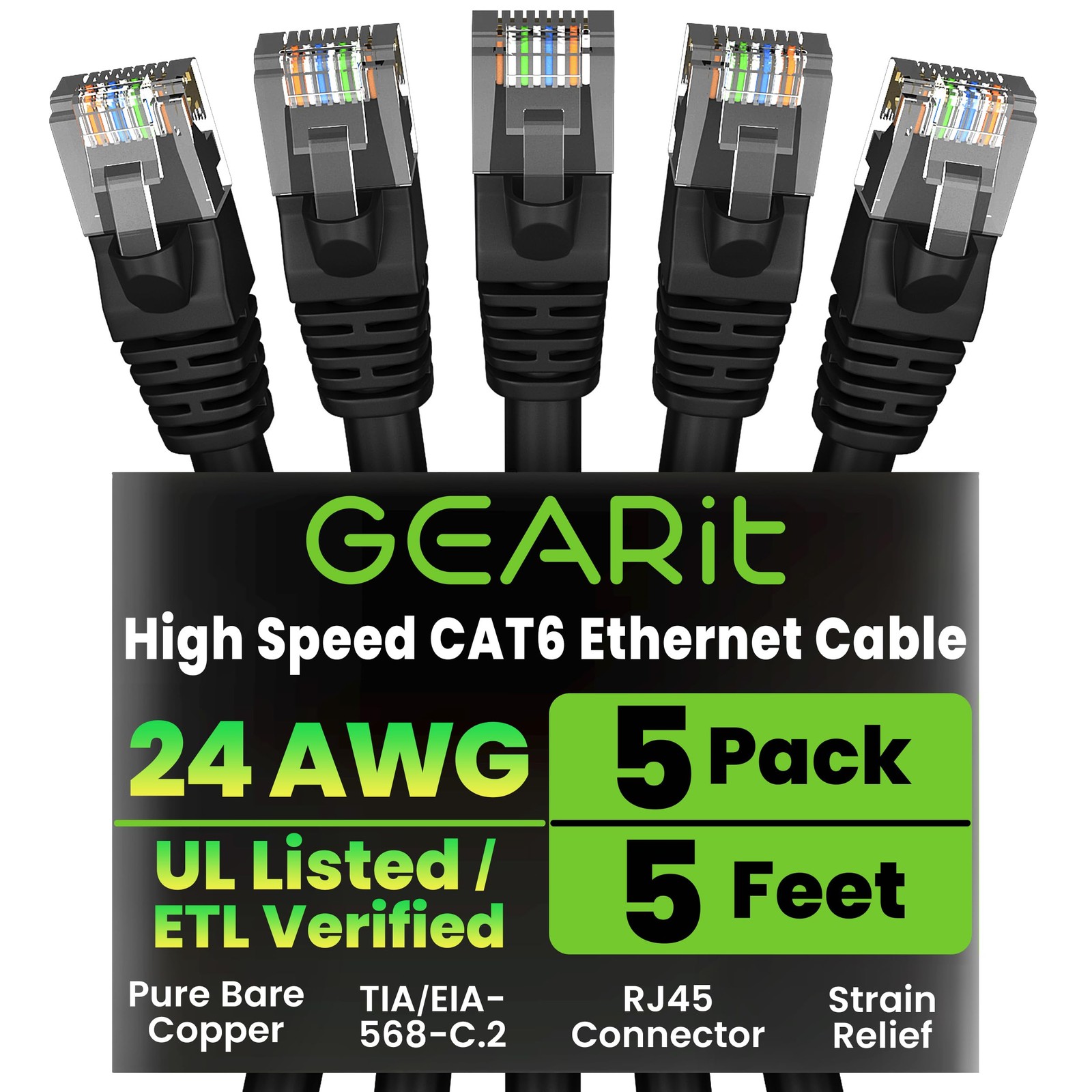 5 PCS Cat 6 Ethernet Patch Cables 5 Ft 10 Gbps Snagless Network Cord Black