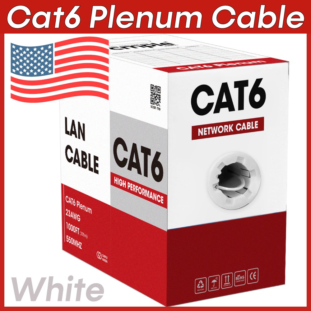 Cat6 Plenum Bulk Ethernet Network Cable 1000ft CMP Solid 23AWG UTP White