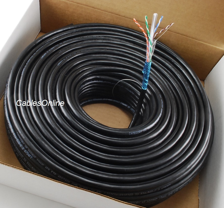 250ft CAT6e Shielded RJ45 FTP Solid Pure Copper Black Ethernet Bulk Cable