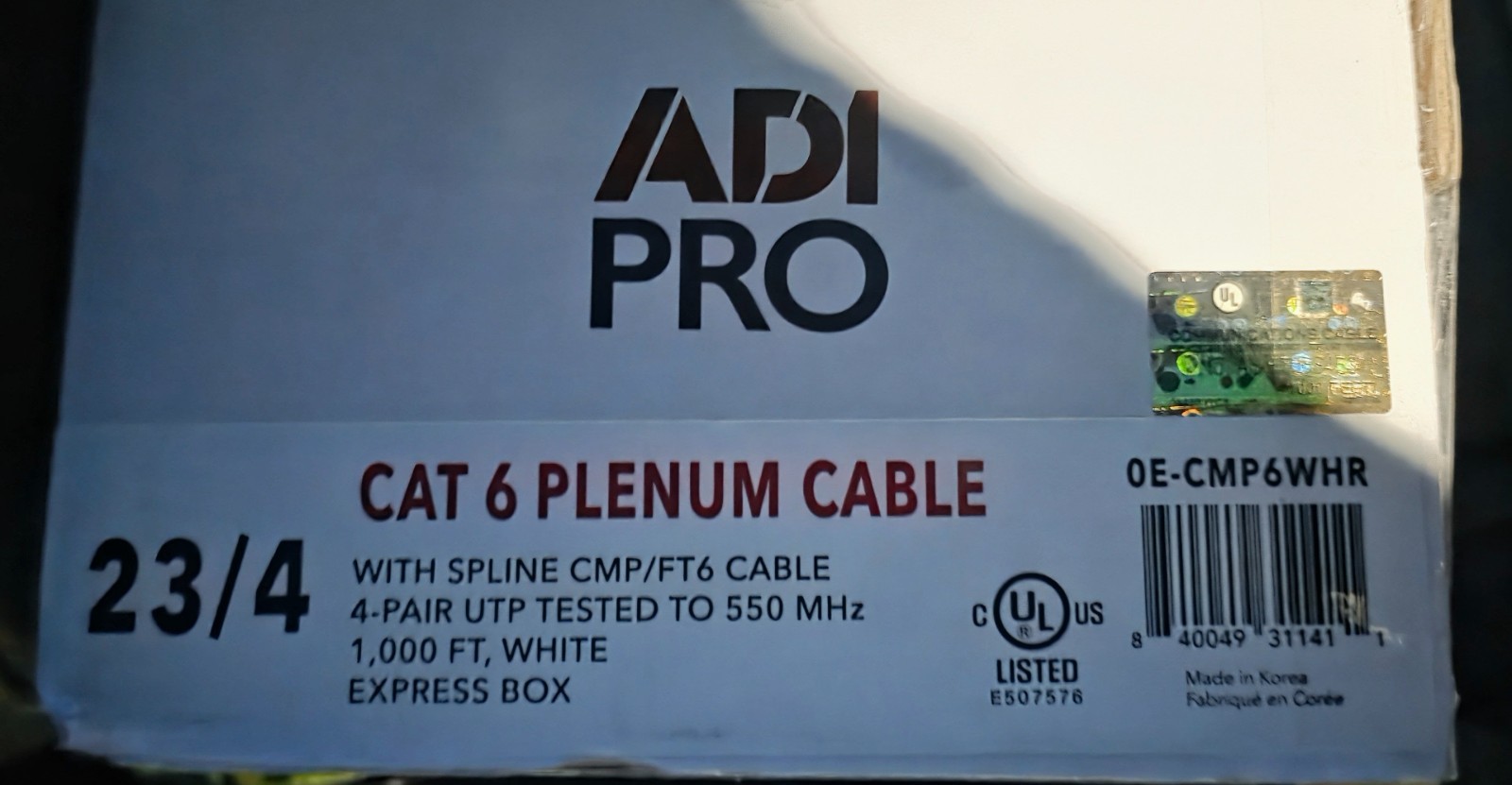 Adi Pro Cat 6 Plenum Cable 23/4 1000 FT CAT6 PWH White 500mHz NETWORK DATA CL3P
