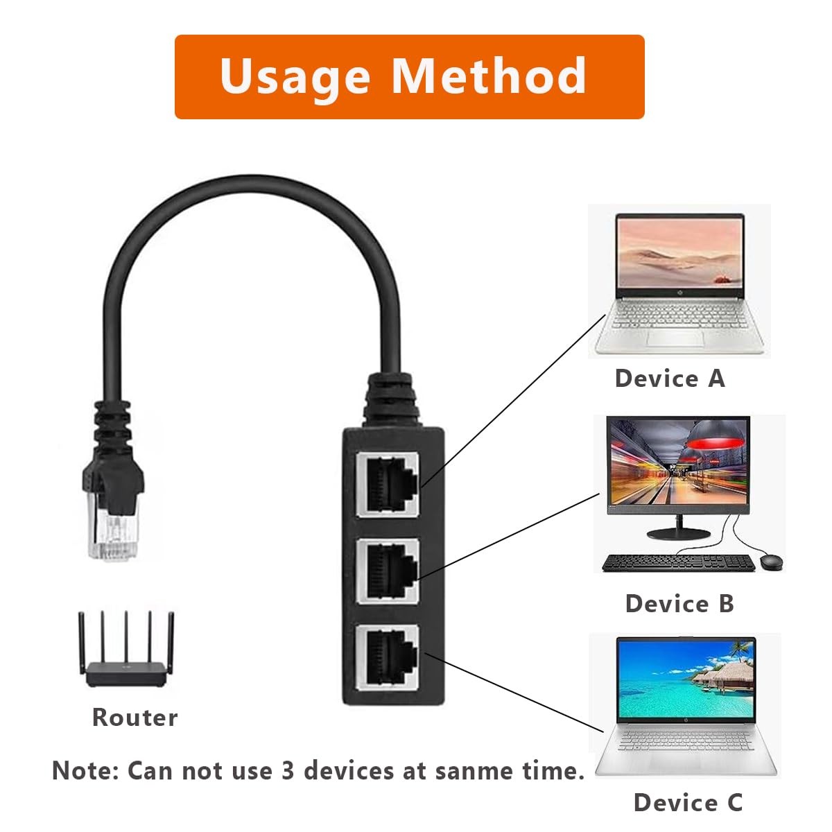 RJ45 Ethernet 1 to 3 Ports LAN Splitter Adapter Cable Network Connectors