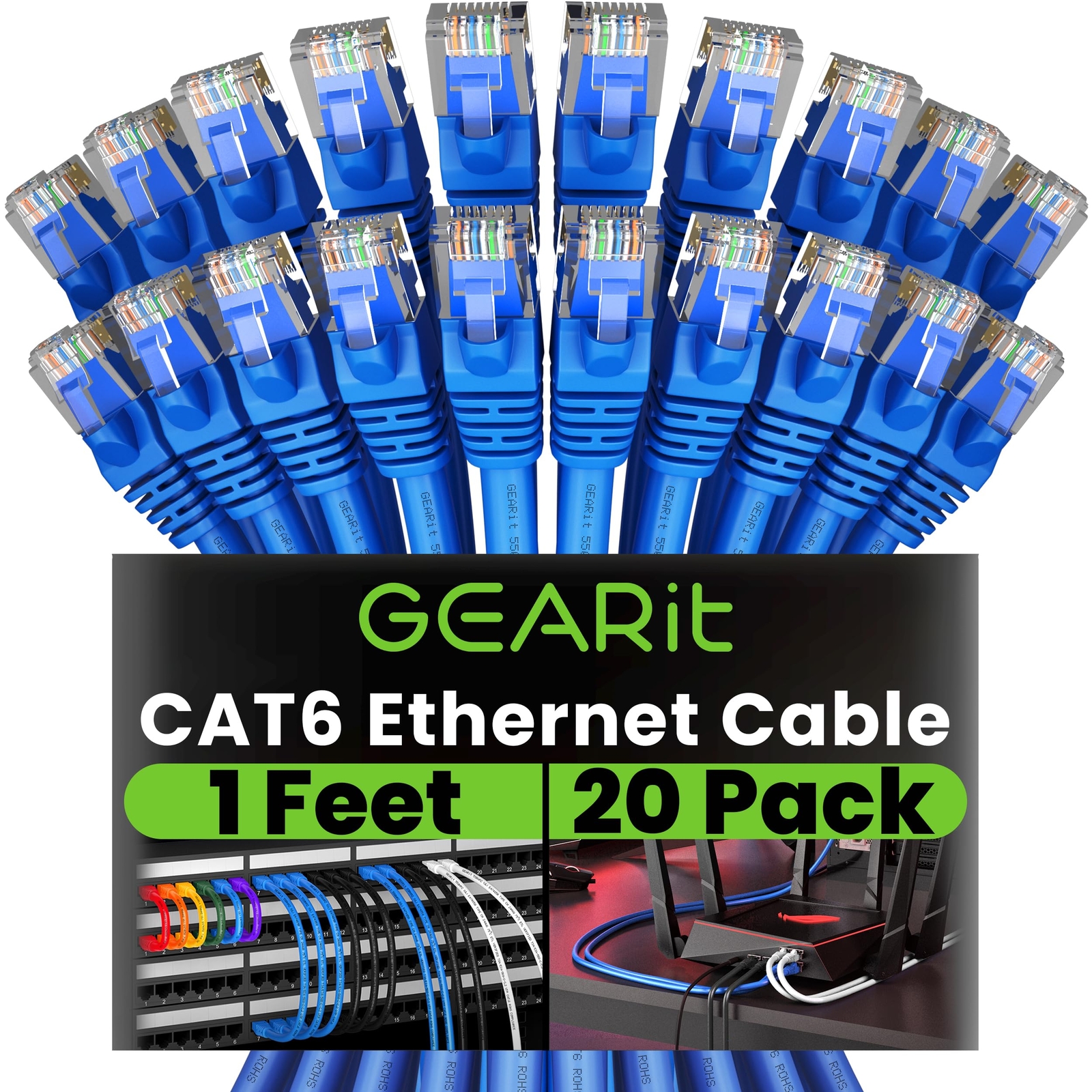 20-Pack 1 Foot Cat 6 Ethernet Network Patch Cable 10Gbps RJ45 Blue
