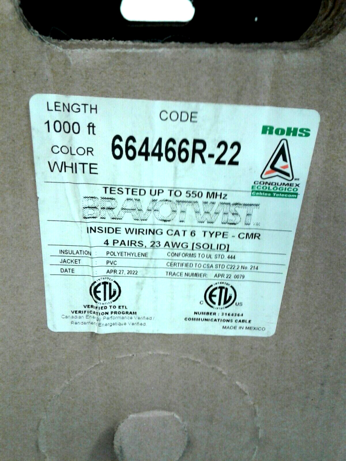 Condumex 664466R-22 1000′ White BravoTwist Pull Box CAT 6 4 Pairs 23 AWG Solid