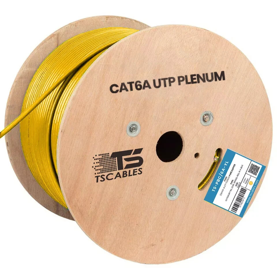 TS Cables Cat6a Plenum Solid Bare Copper 750 Mhz 23 Awg UTP 1000ft Cable yellow