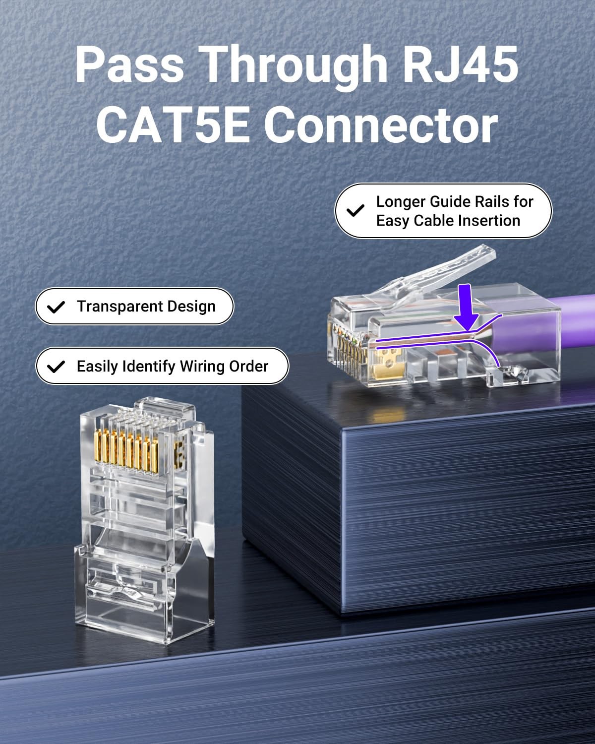 VCELINK Cat5e Connectors RJ45 Pass Through 50-Pack with Longer Guide 50Pack