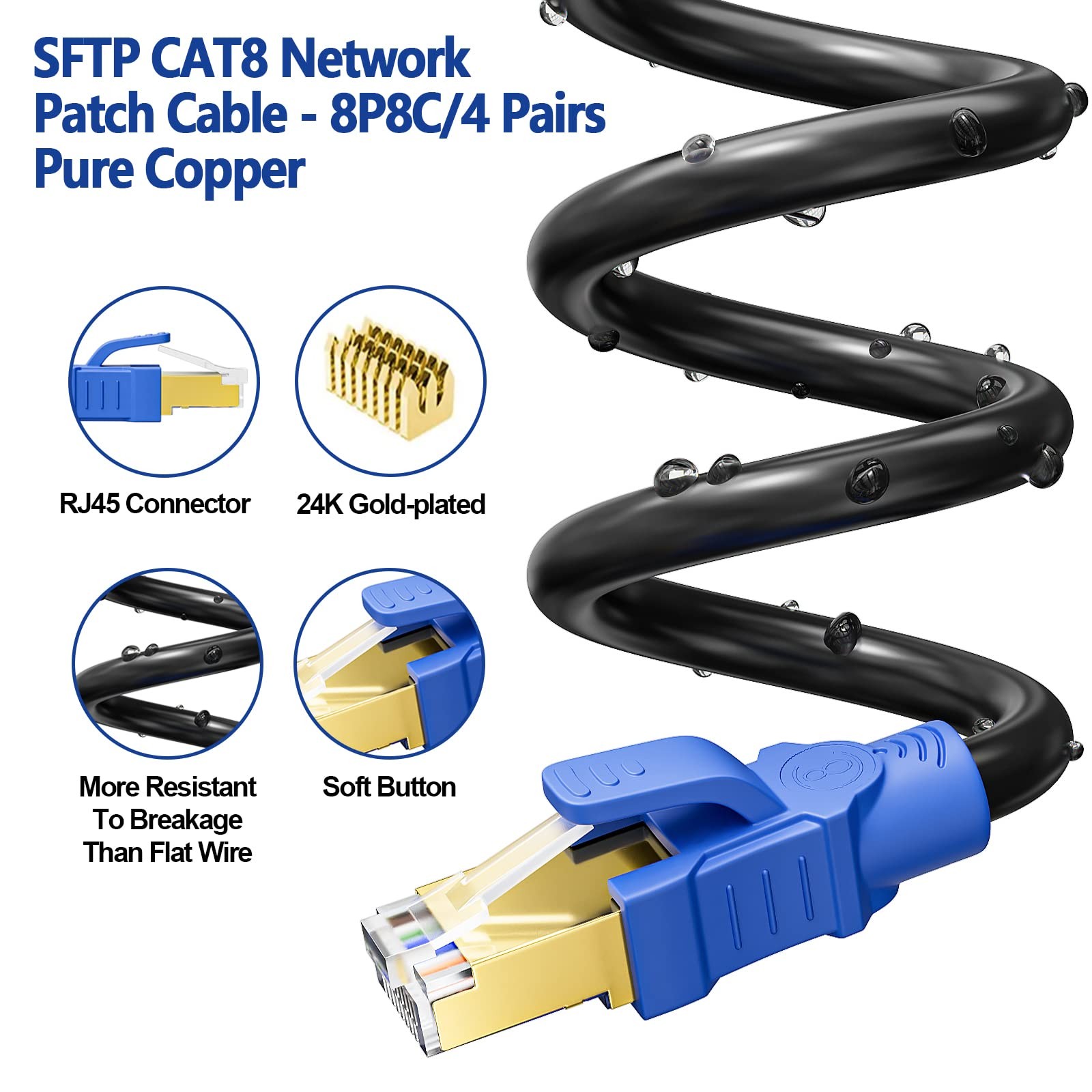Cat 8 Ethernet Cable 50ft Indoor&outdoor Heavy Duty High Speed 26awg Internet Ne
