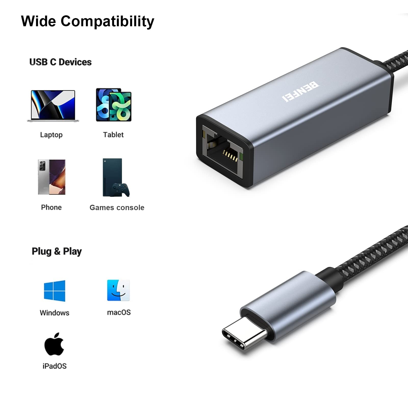 BENFEI USB-C to Ethernet Adapter, USB Type-C (Thunderbolt 3/4) 1 Pack, Black