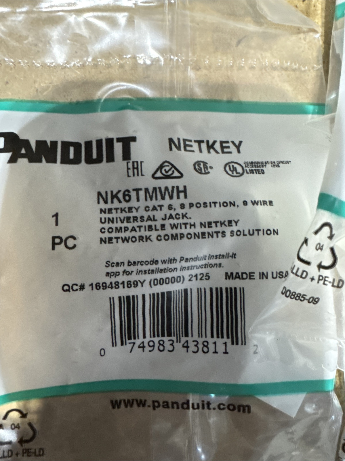 Panduit NetKey NK6TMWH Cat6 Universal Jack Module, White (lot of 9)