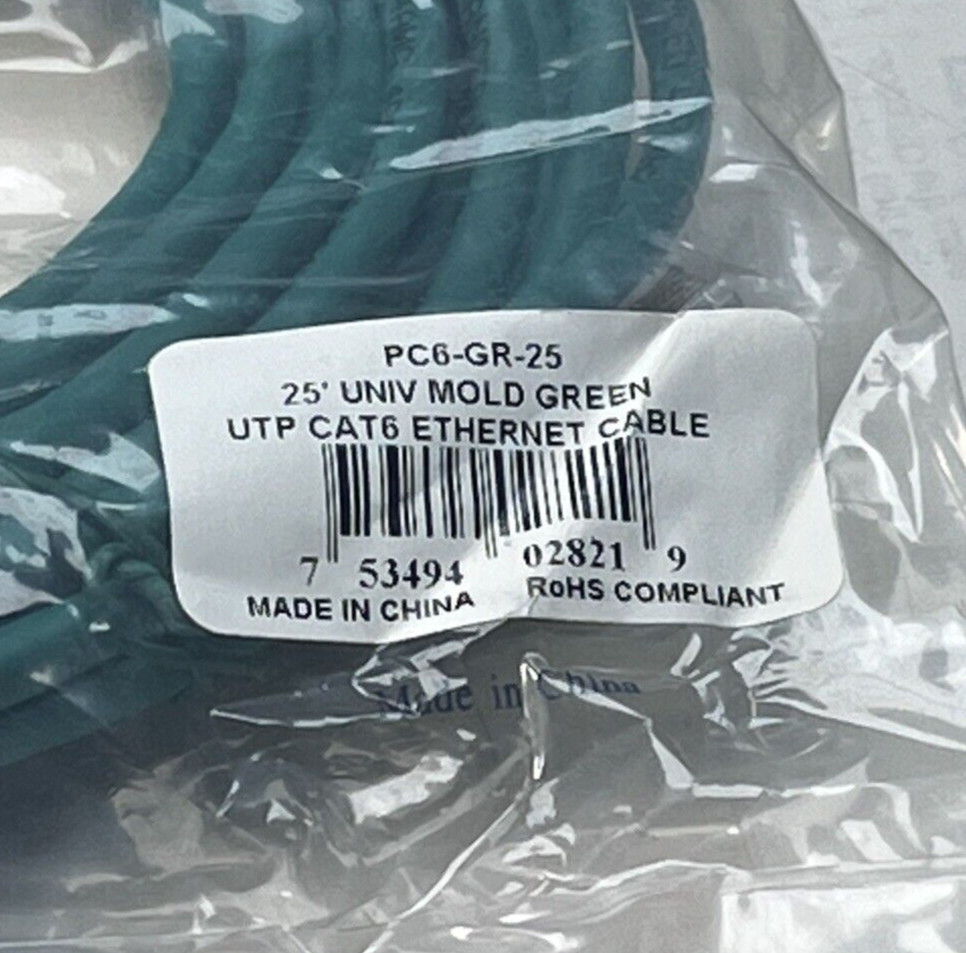 Cat6 Ethernet Patch Cable, 4 Pair UTP, 25 ft, RoHS Compliant, Green. NEW.