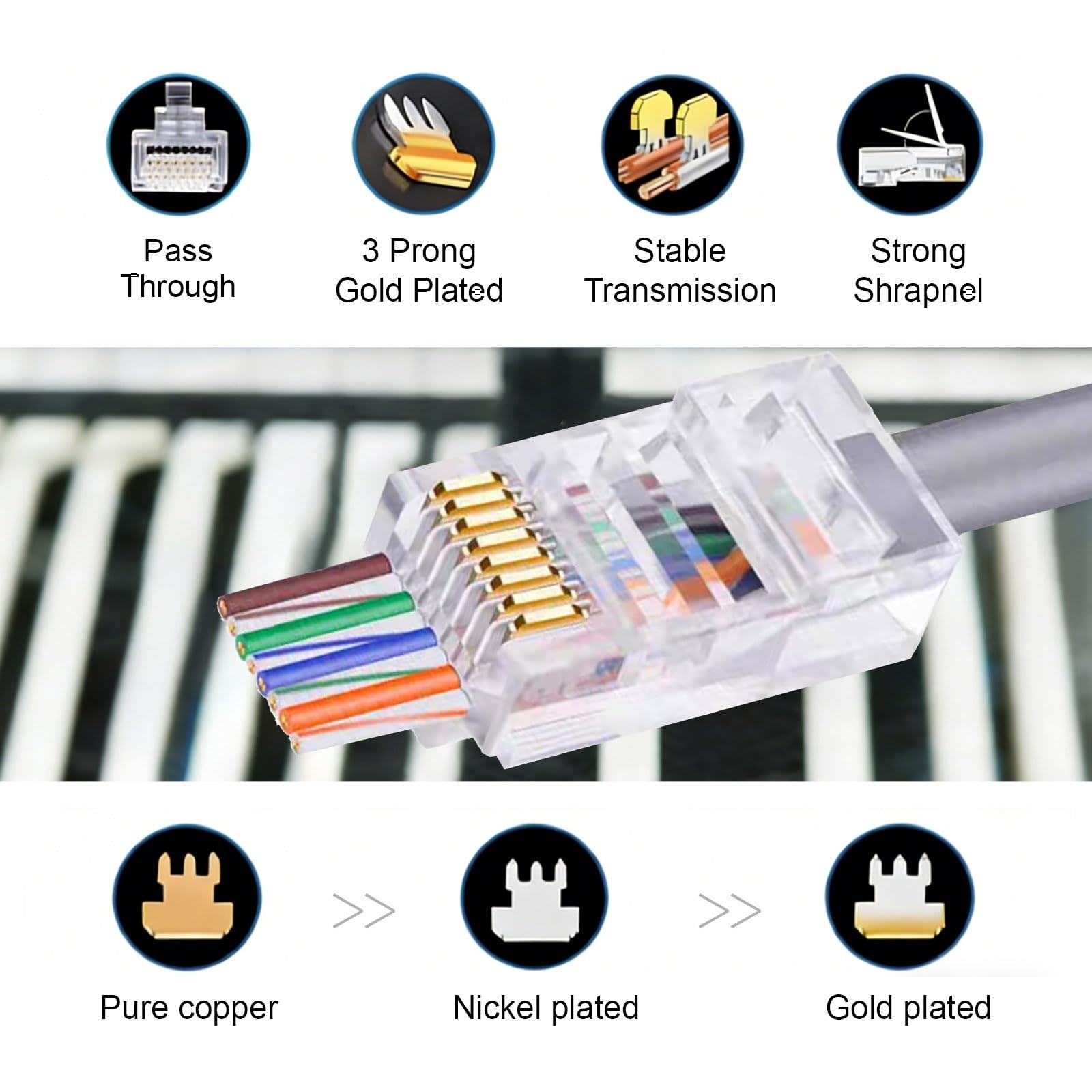 20 Pack Cat5e RJ45 Pass Through Connectors Modular Plug 3Prong Gold Plated