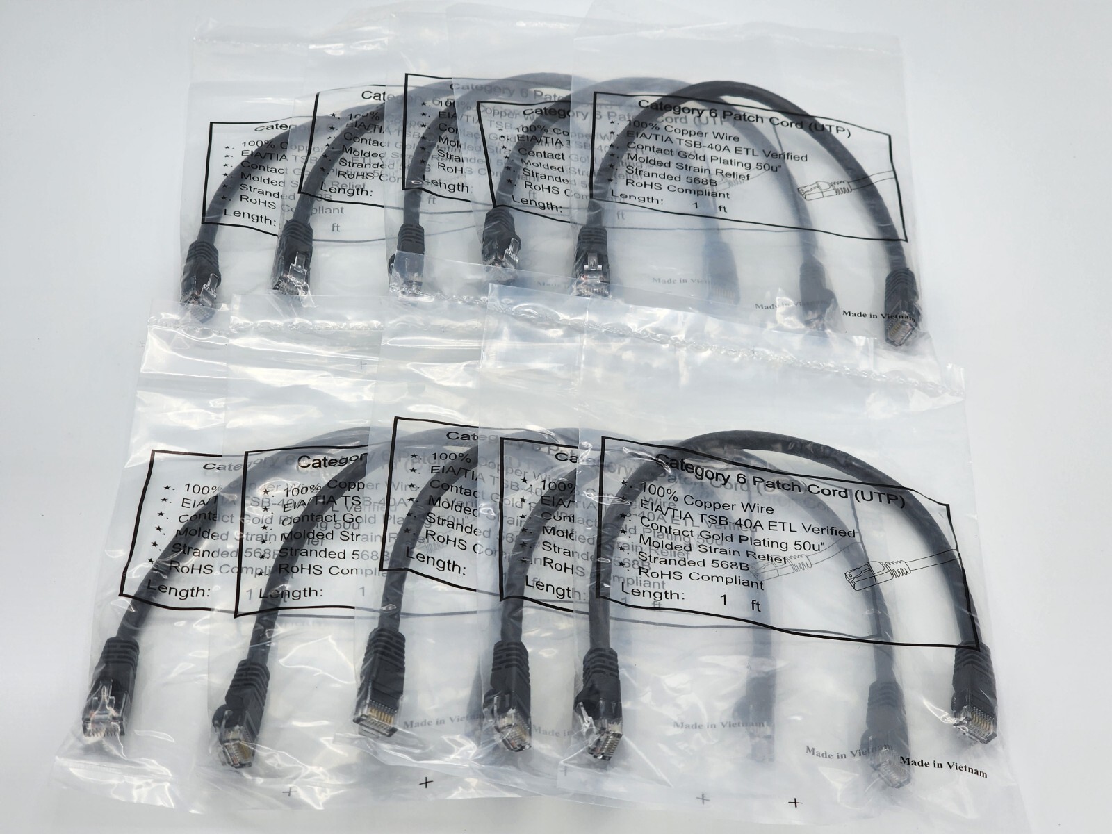 1ft. Cat6 UTP Patch Cable Molded Plugs Black Pure Copper Lot of 1,5,10