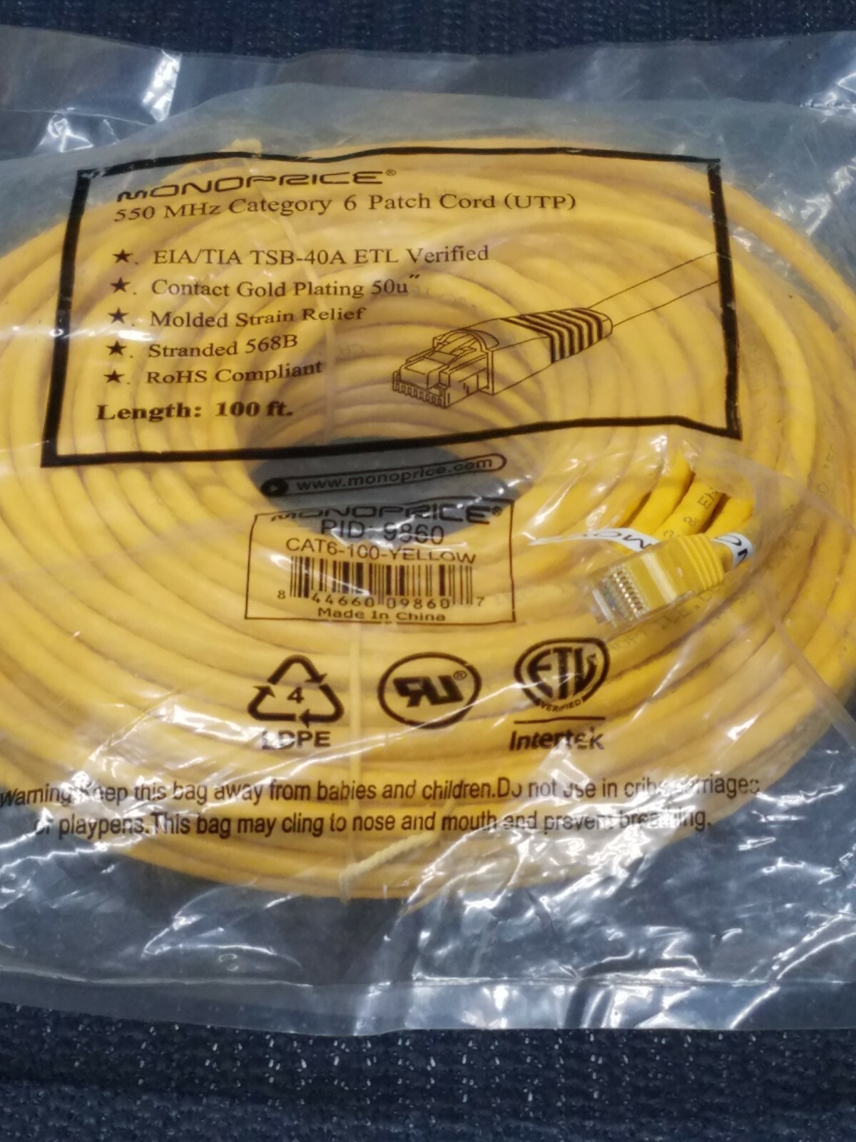Monoprice Cat6 Ethernet Patch Cable – 100ft – Yellow, RJ45, 550Mhz, UTP, 24AWG