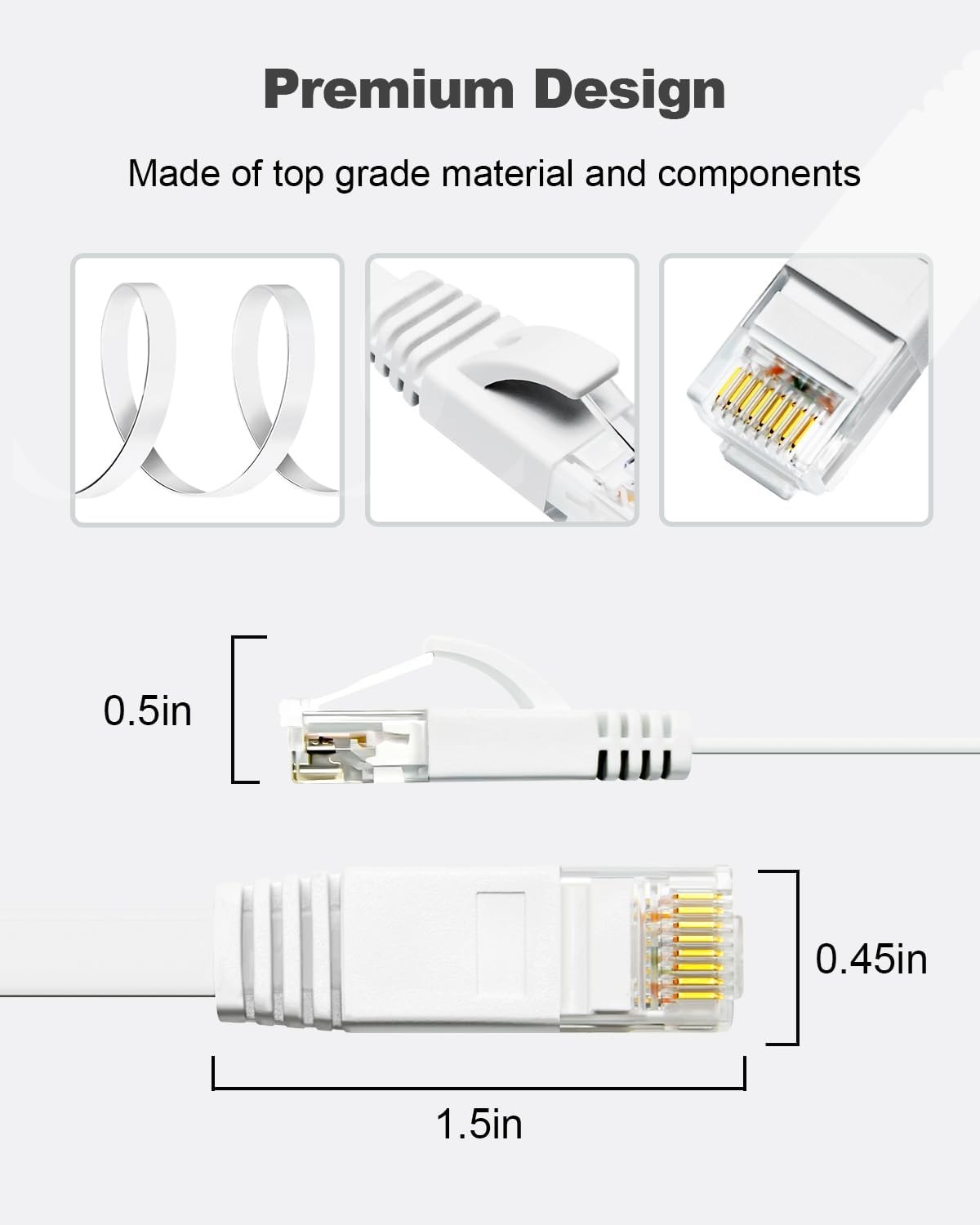 65 FT White CAT 6 Ethernet Cable Gigabit High Speed Flat Snagless RJ45