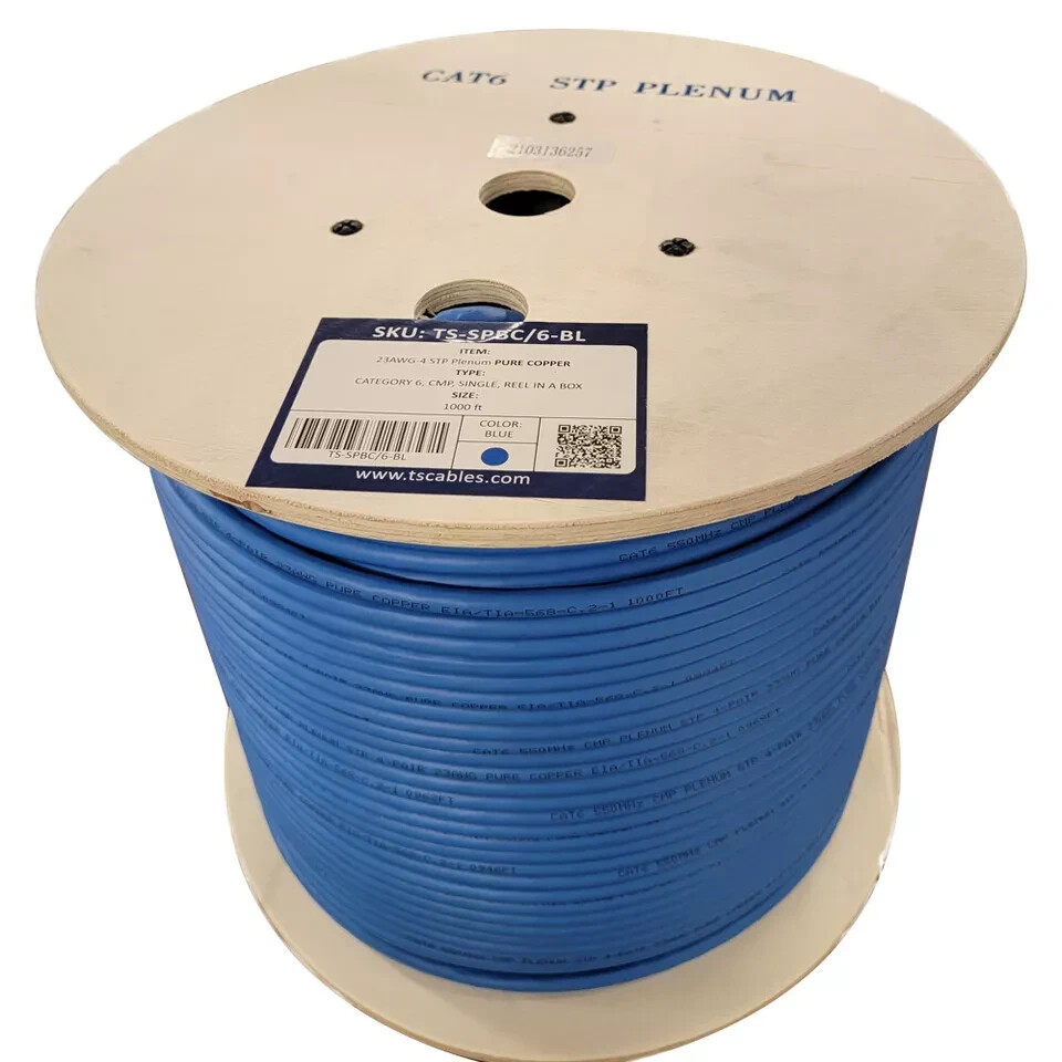 TS Cables Cat6 Plenum F/UTP Pure Copper 550Mhz 1000ft Foil Shielded Cable Blue