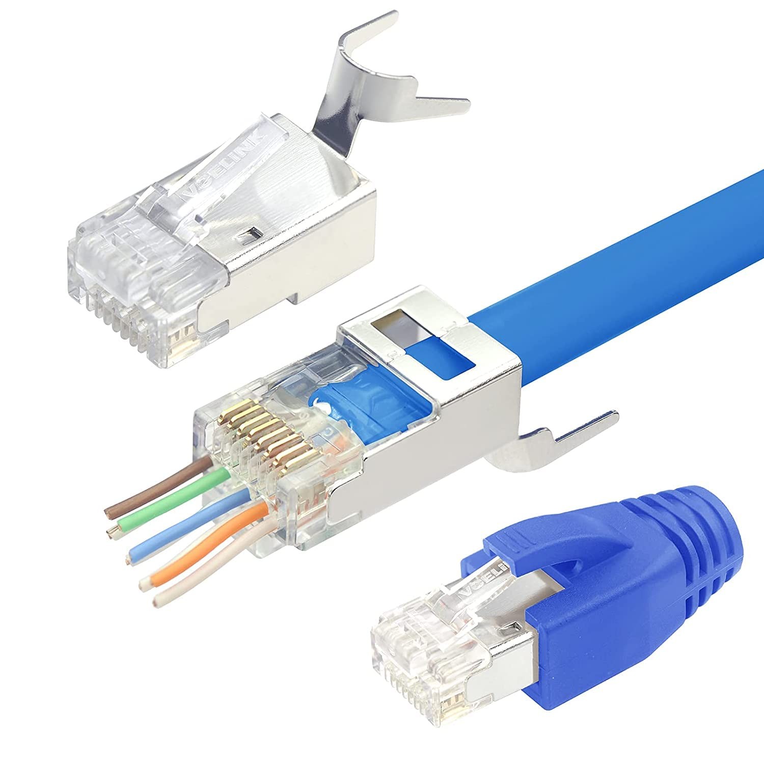CAT6A/CAT7 Shielded RJ45 Pass Through Connectors 30-Pack with Blue Boots
