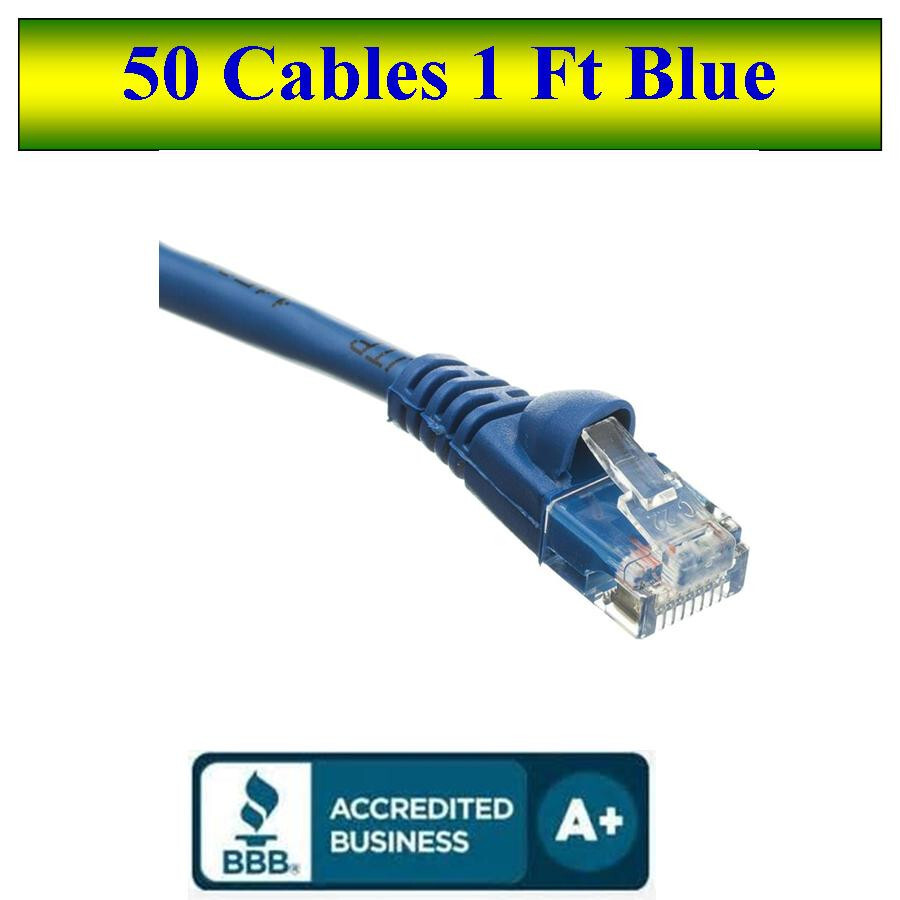LOT of 50 Cables Snagless 1 Foot Cat5e Blue Network Ethernet Patch Cable
