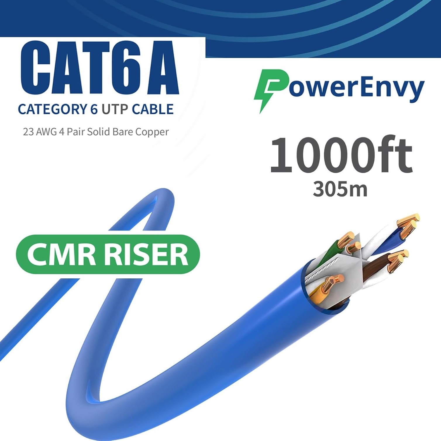Cat6a UTP Ethernet Cable – 600Mhz, 10Gbps Max, 1000Ft, 23 AWG Solid Bare Copper