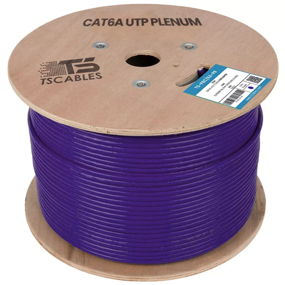 TS Cables Cat6a Plenum Solid Bare Copper 750 Mhz 23 Awg UTP 1000ft Cable purple