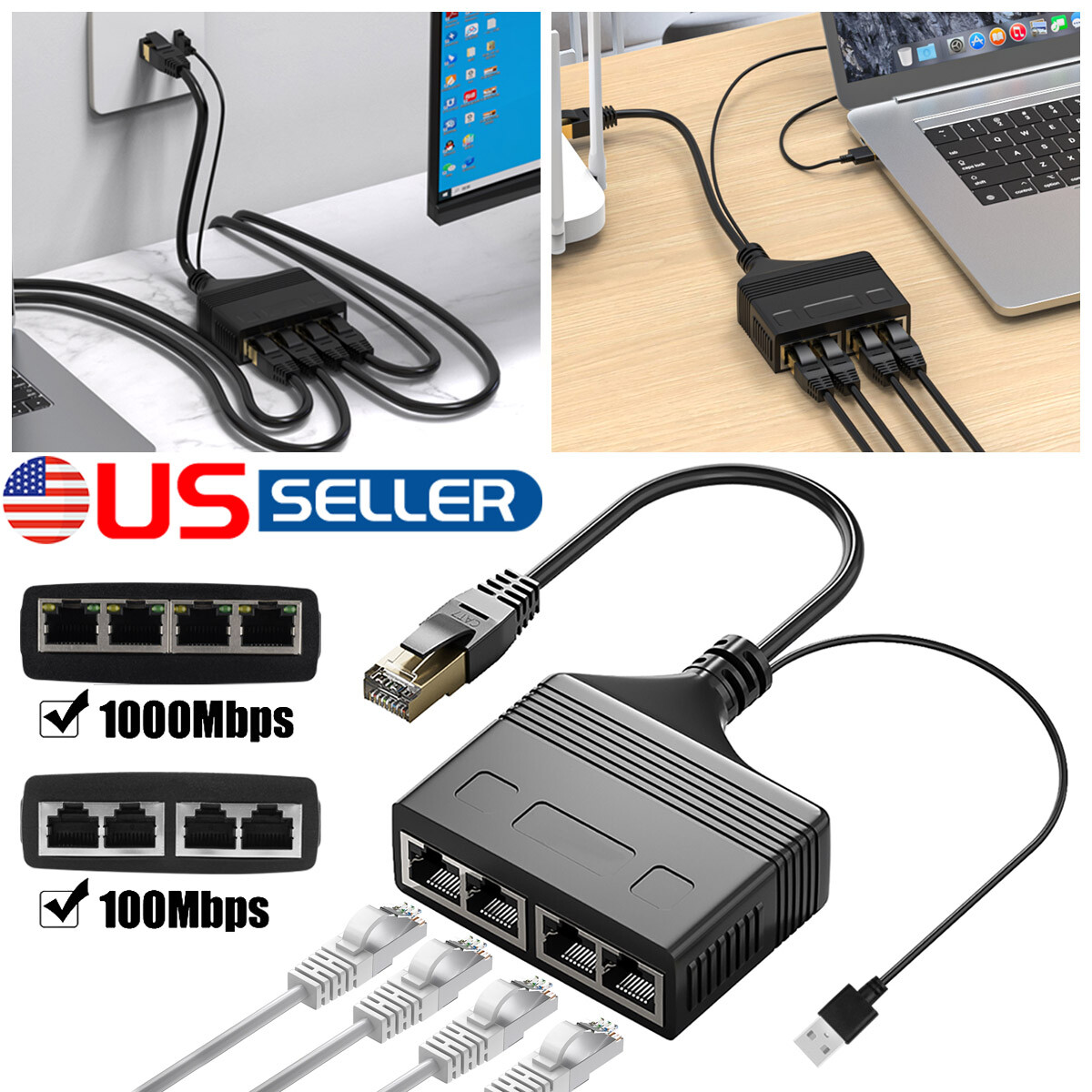 1000Mbps Splitter Ethernet RJ45 Cable Adapter Internets 1 IN 4 Out LAN Network