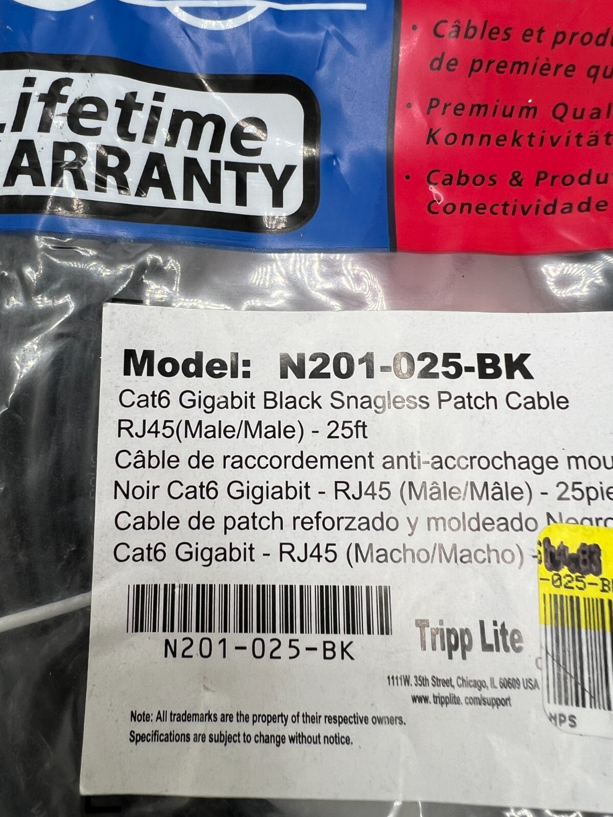Tripp Lite Cat6 Gigabit Snagless Patch Cable (RJ45 M/M) 15 Ft N201-025-BK