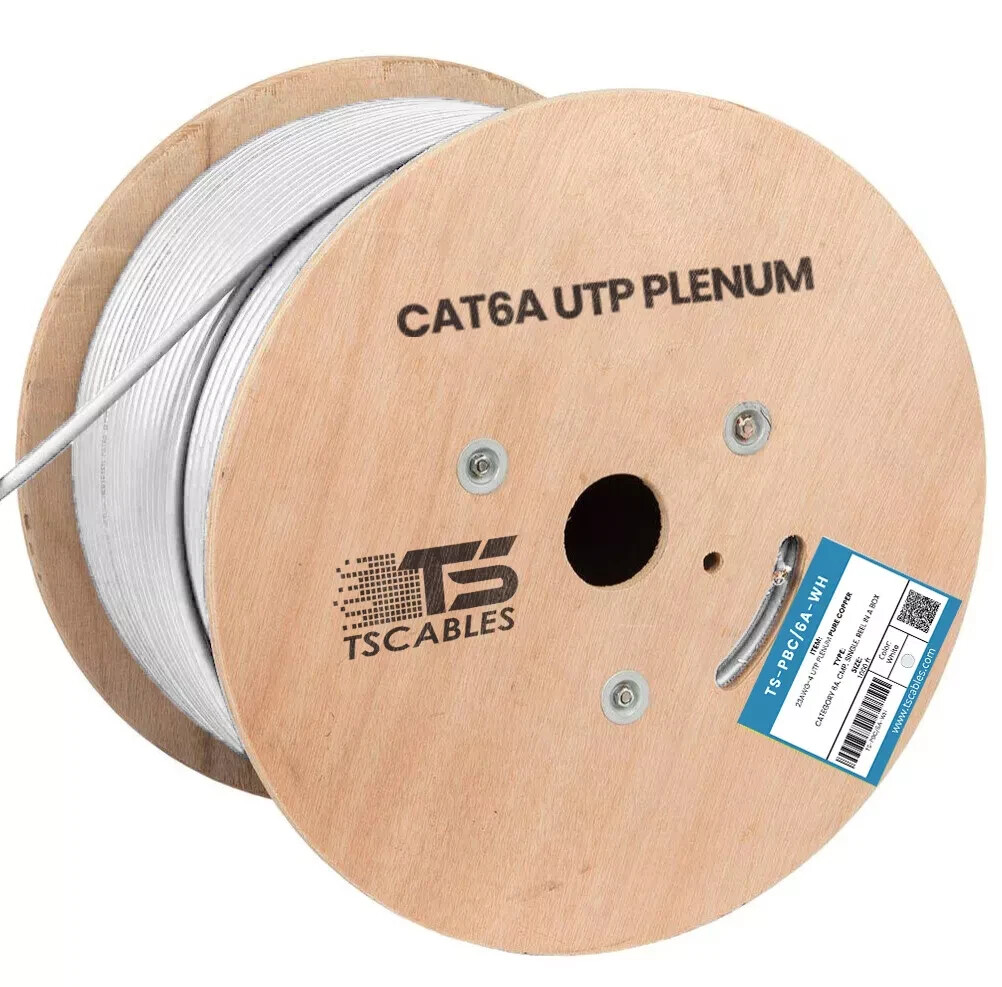 TS Cables Cat6a Plenum Solid Bare Copper 750 Mhz UTP 1000ft Ethernet Cable White