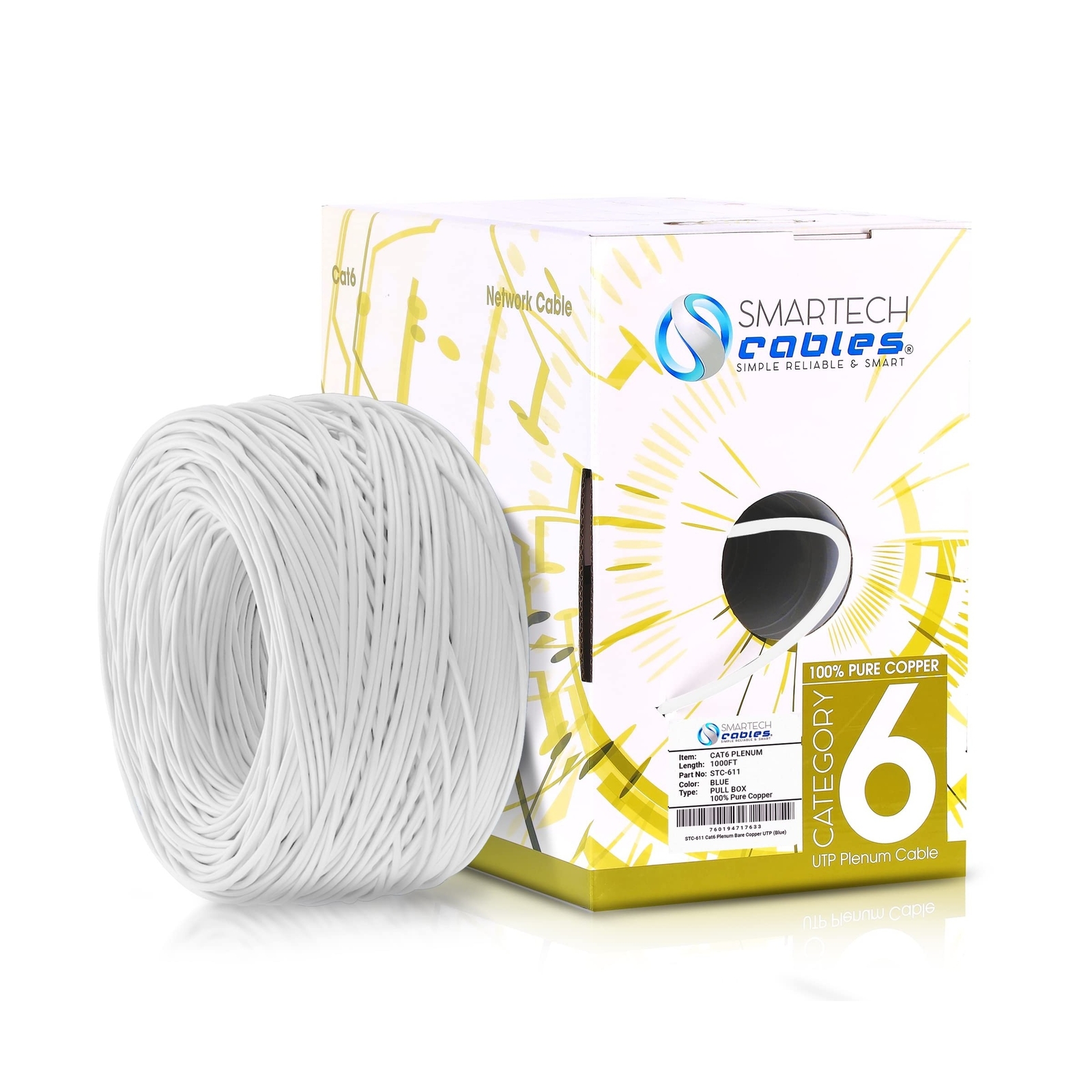 CAT6 Plenum (CMP) 1000ft Bulk Ethernet Cable | Certified 100% Pure Solid Bare…