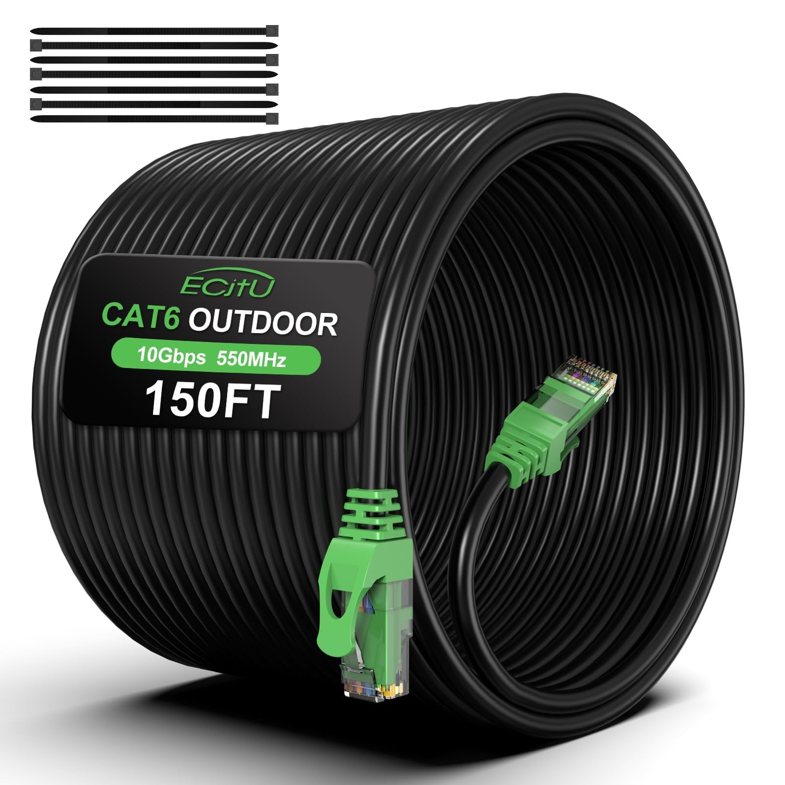 150FT Heavy Duty Cat6 Outdoor Ethernet Cable – Direct Burial, 24AWG, PoE Ready,