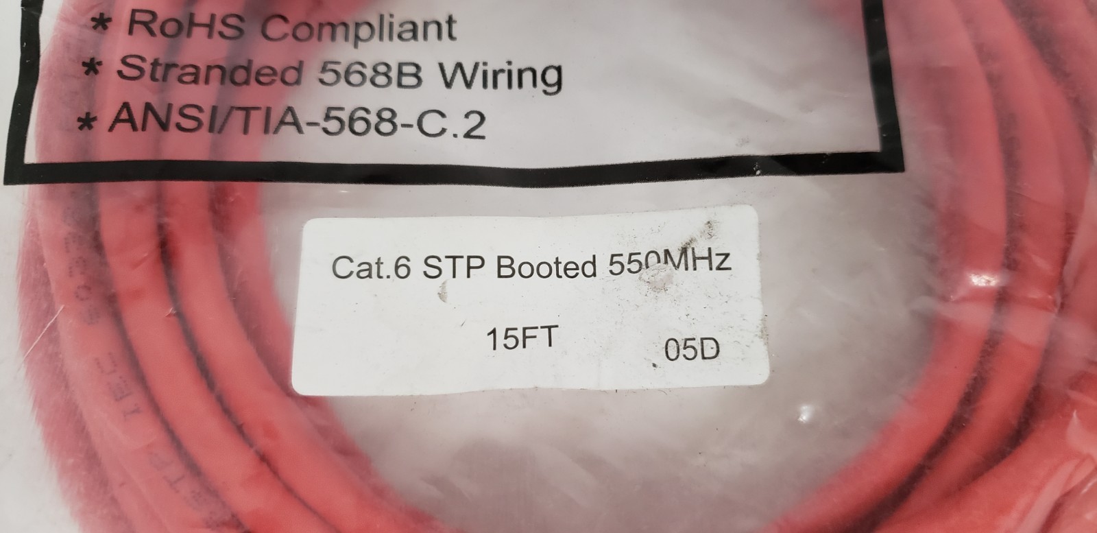 ANSI/TIA-568-C.2 RED ETHERNET PATCH CABLE, CAT 6 STP BOOTED, RJ45 PLUG, 15′, NIB