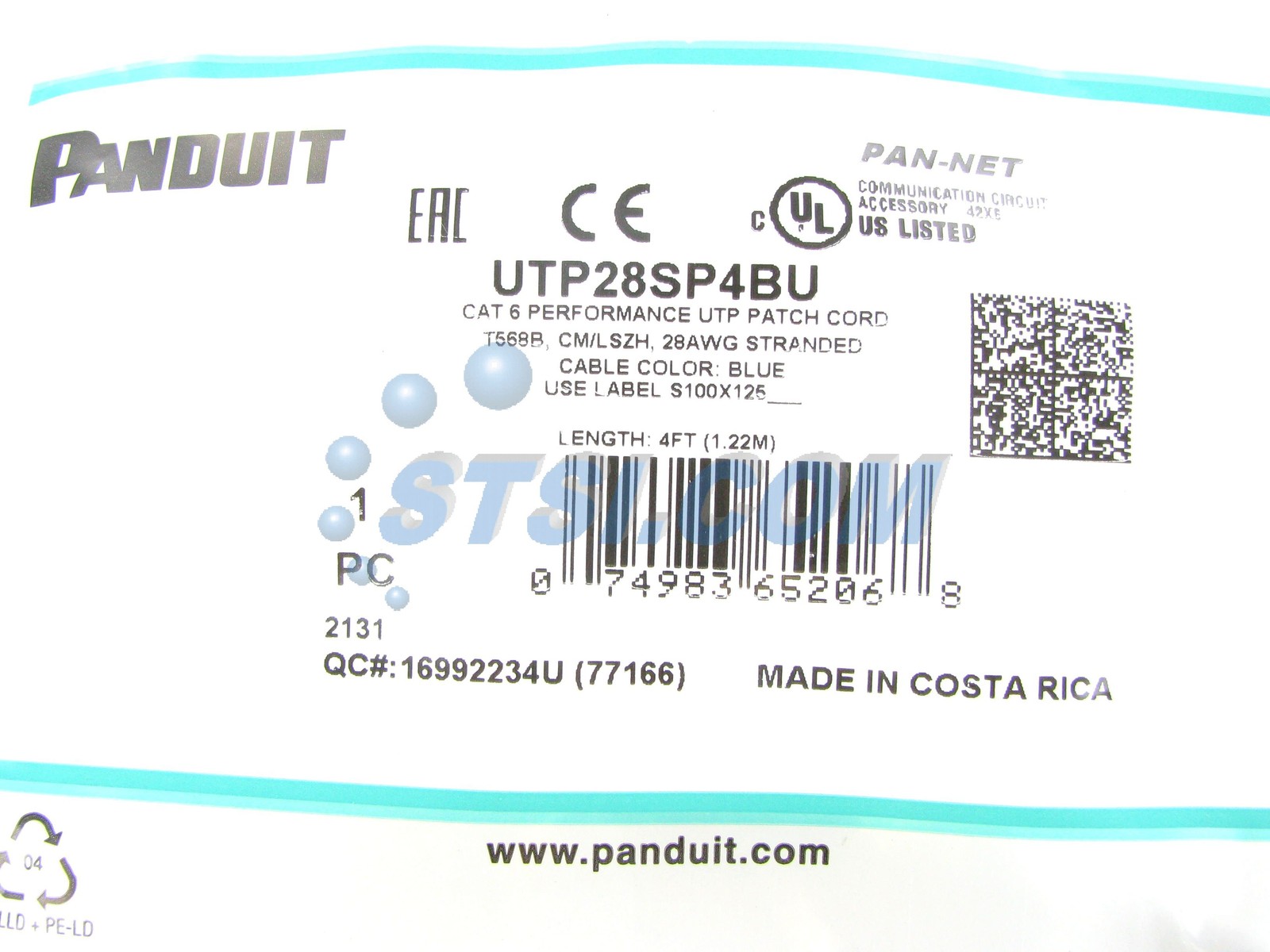 Panduit UTP28SP4BU Cat6 28awg Network Patch Cable, 4 Ft Blue ~STSI