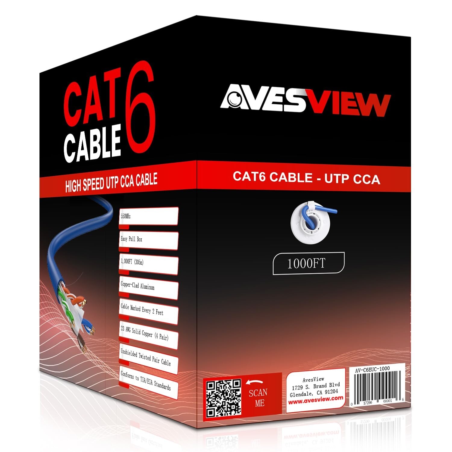 AvesView CAT6 Indoor 1000ft Ethernet Cable UTP (CCA) 23AWG 550MHz – Blue