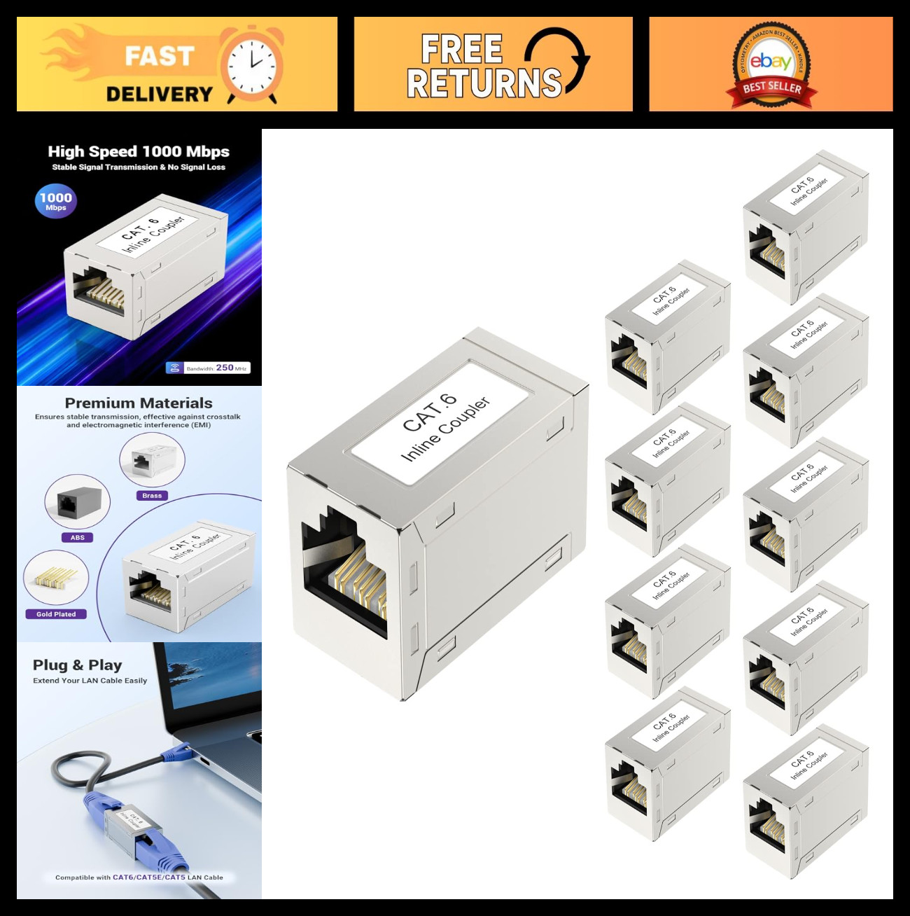 RJ45 Cat6 Coupler 10-Pack, Shielded Ethernet Extender, PoE Female to Female Conn
