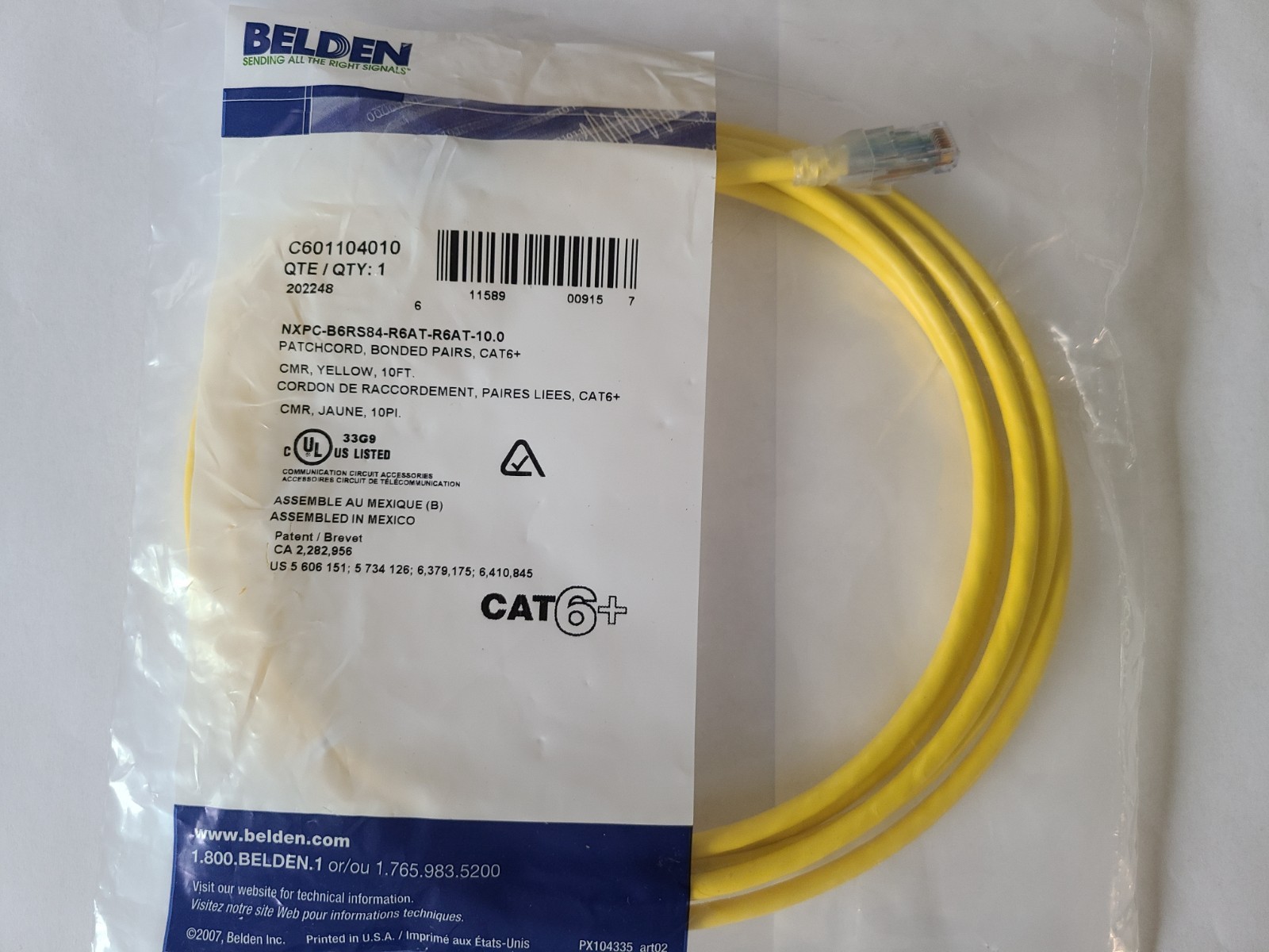 Belden Cat6 Ethernet Patch Cable – 10ft – Yellow