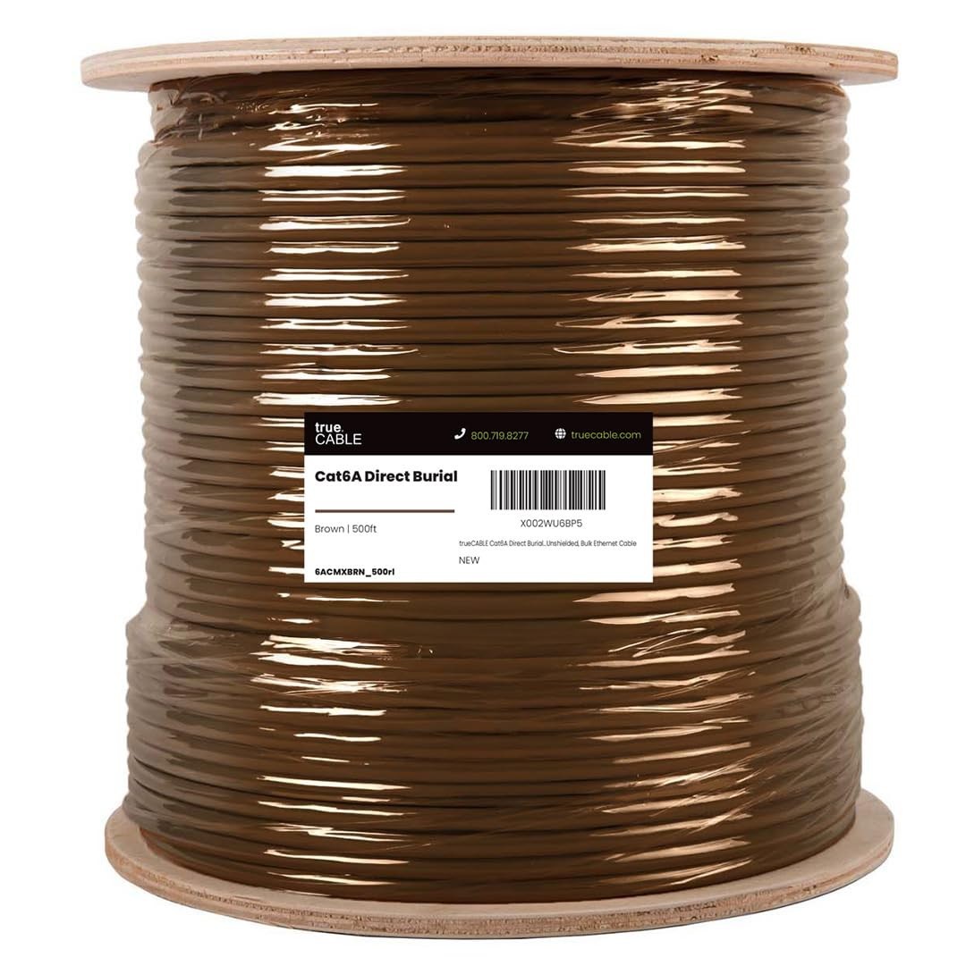 Cat6A Direct Burial Bulk Ethernet Cable, 500ft, Brown, Waterproof, Outdoor Rate