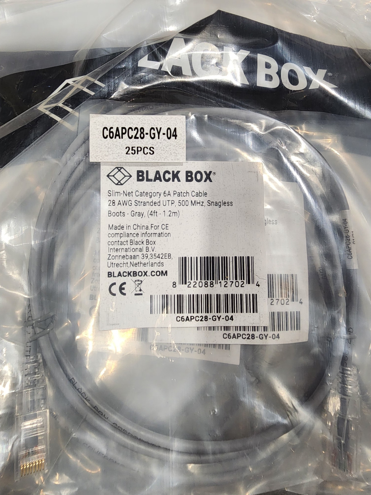 50 Pack 4ft Gray Black Box Slim-Net Cat 6A Patch Cable 28AWG UTP Snagless