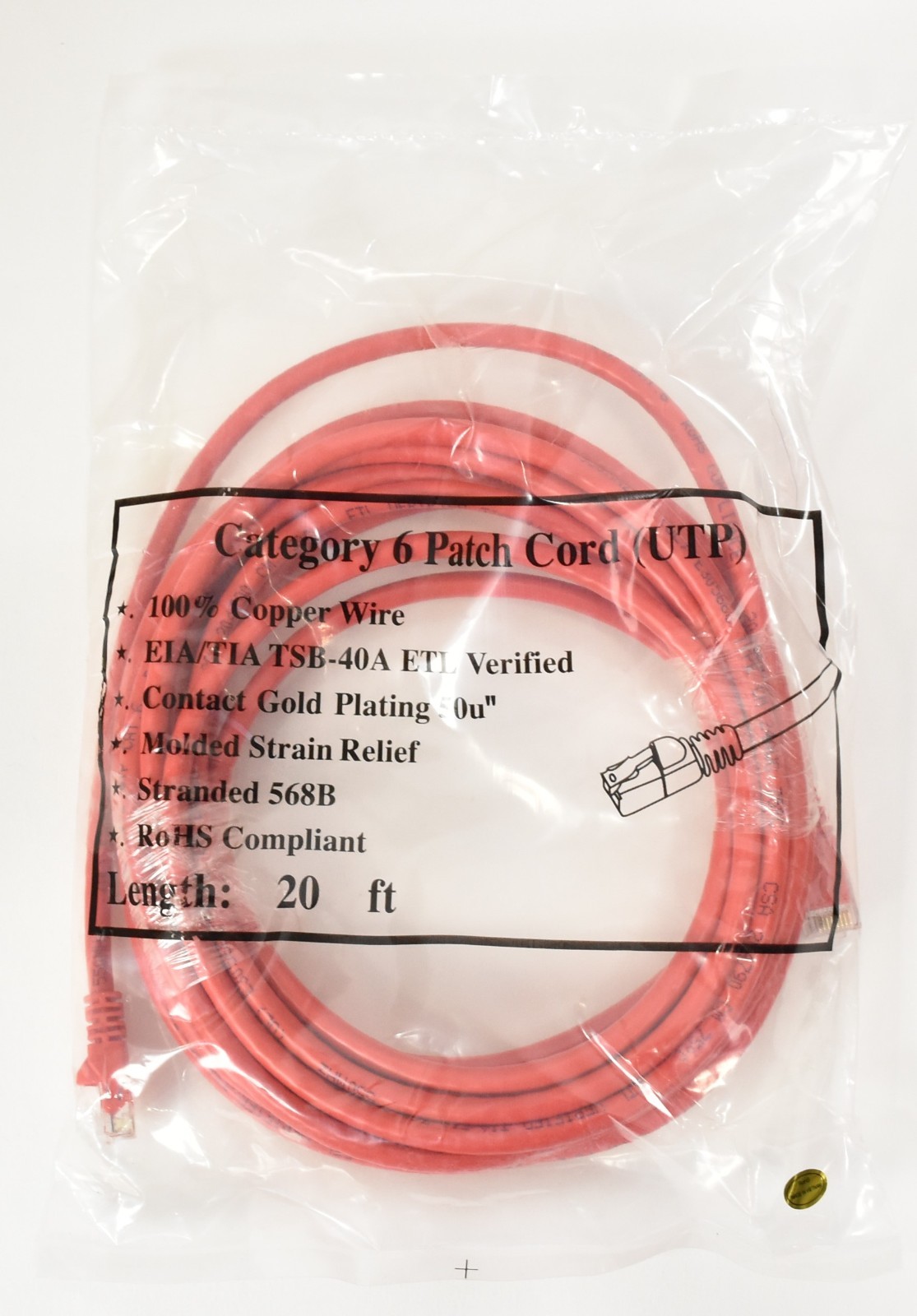 Case of (50) Red 20′ Ft. Cat 6 Ethernet Patch Cables NEW